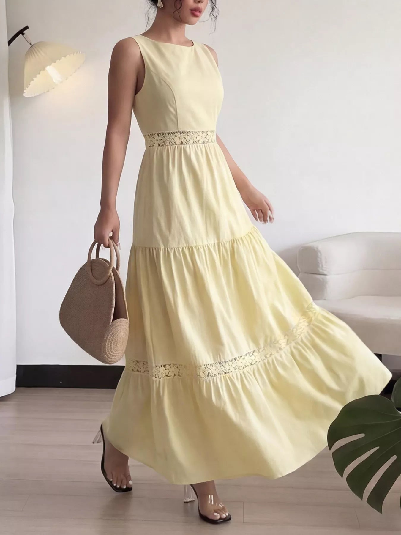 Sleeveless Tiered Lace Trim Maxi Dress