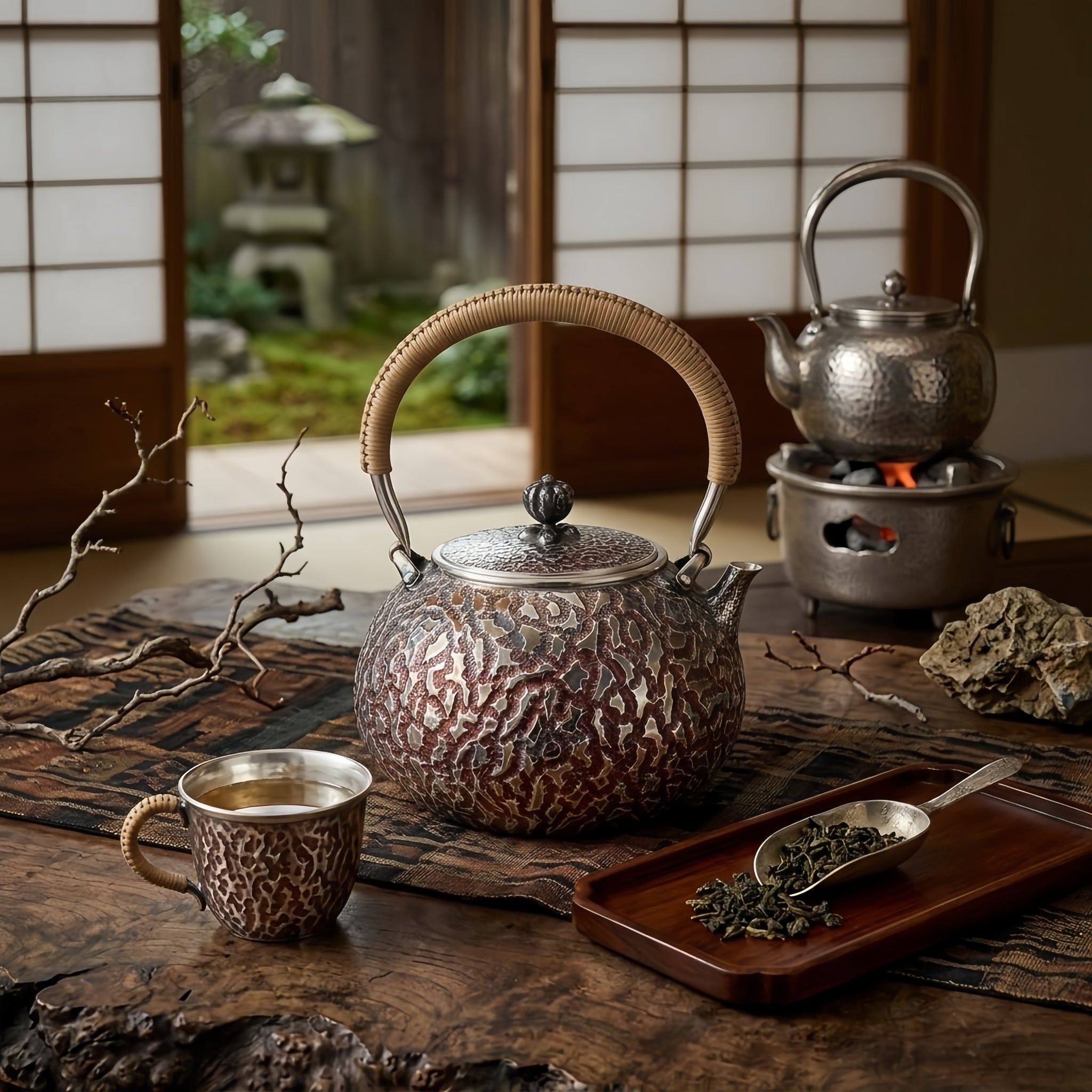 925 Sterling Silver Exquisite Handcrafted Silver-Toned Teapot with Ornate Patterning and Cord-Wrapped Handle - Handicraft