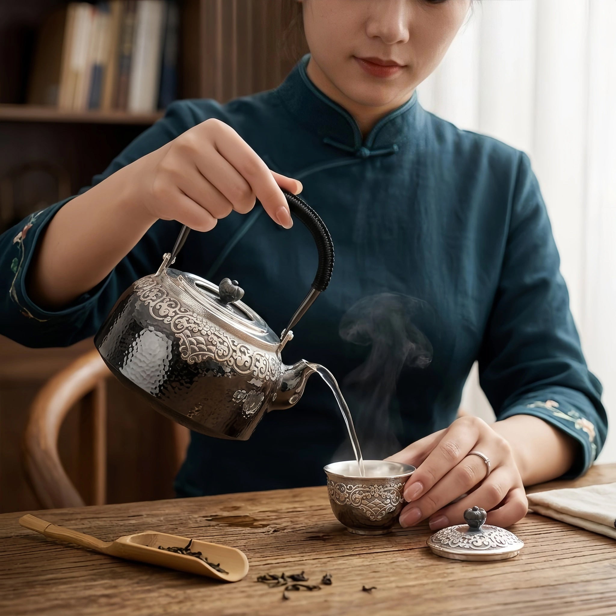 925 Sterling Silver Hand-Hammered Silver Teapot with Intricate Filigree Engraving and Wrapped Handle - Handicraft