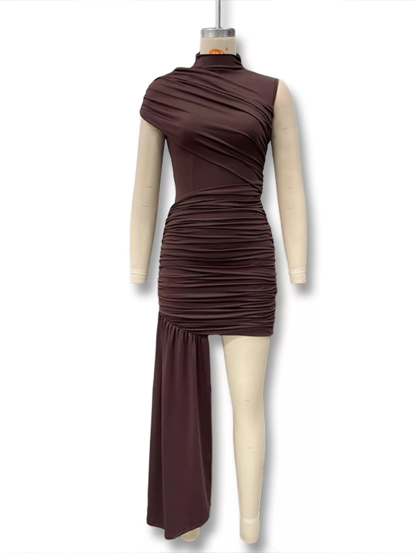 Ruched Asymmetrical Mock Neck Dress