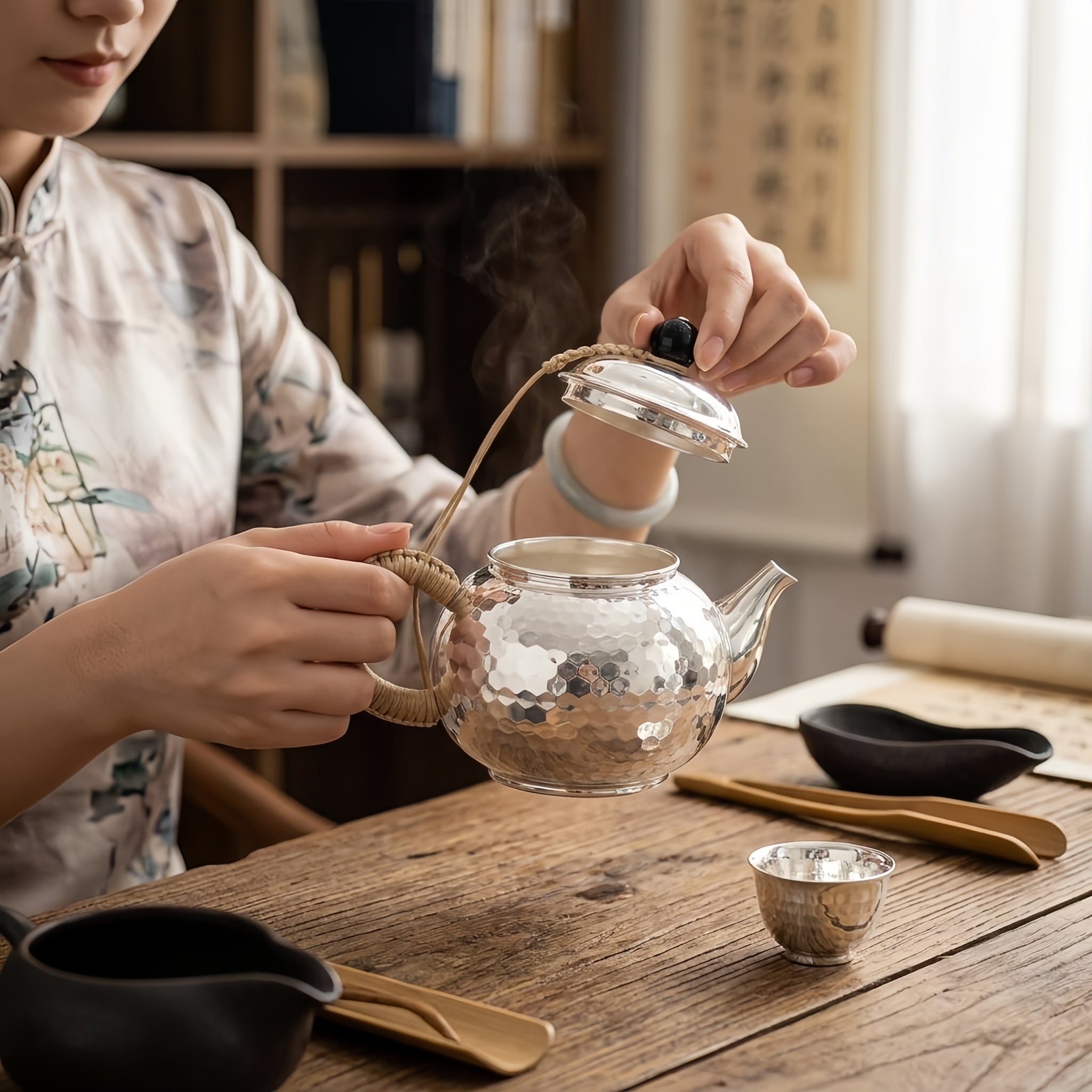 Pure 999 Fine Silver Hammered Silver Teapot with Woven Insulated Handle and Black Finial - Handicraft