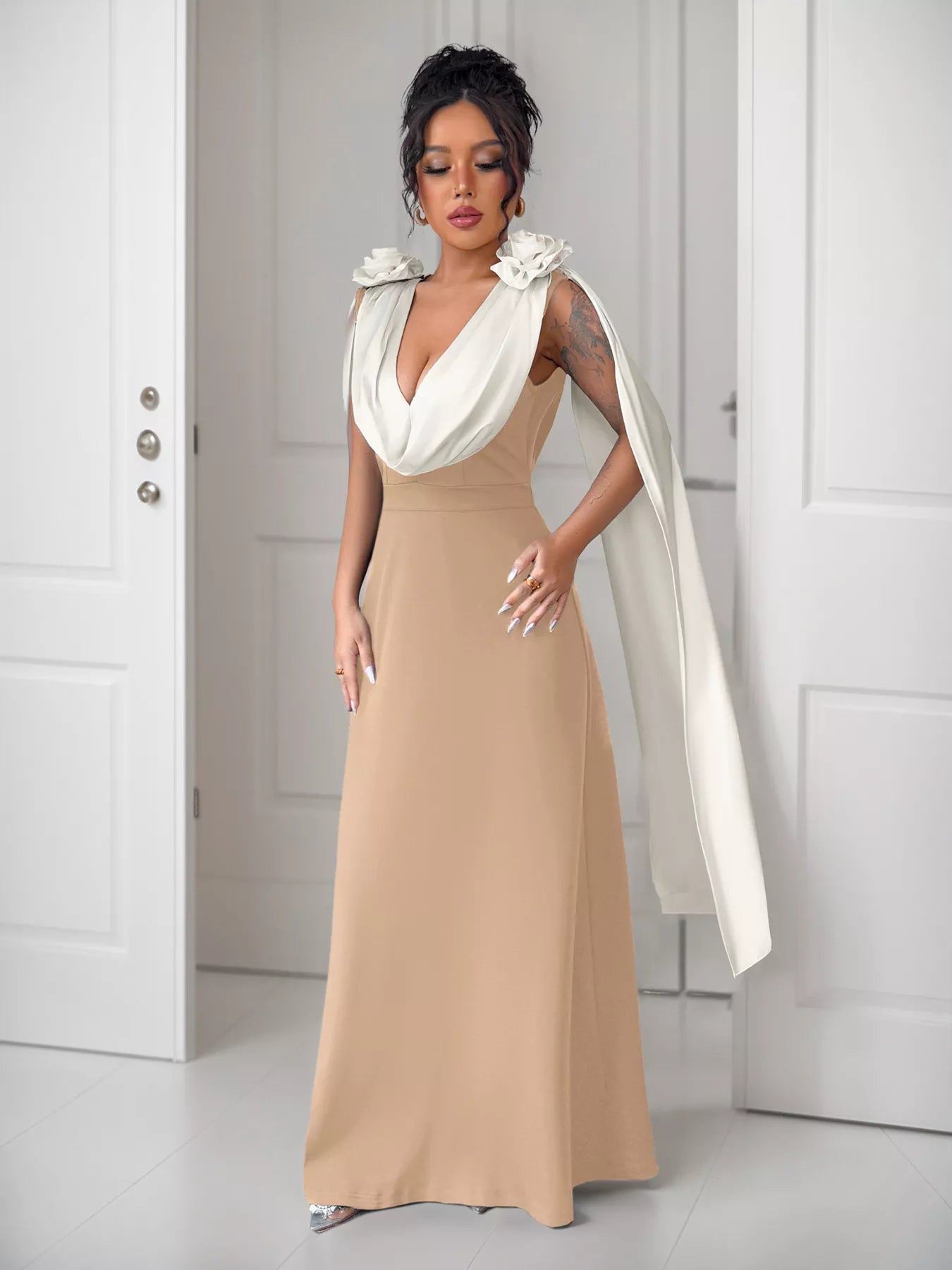 Floral Applique Two Tone Maxi Dress