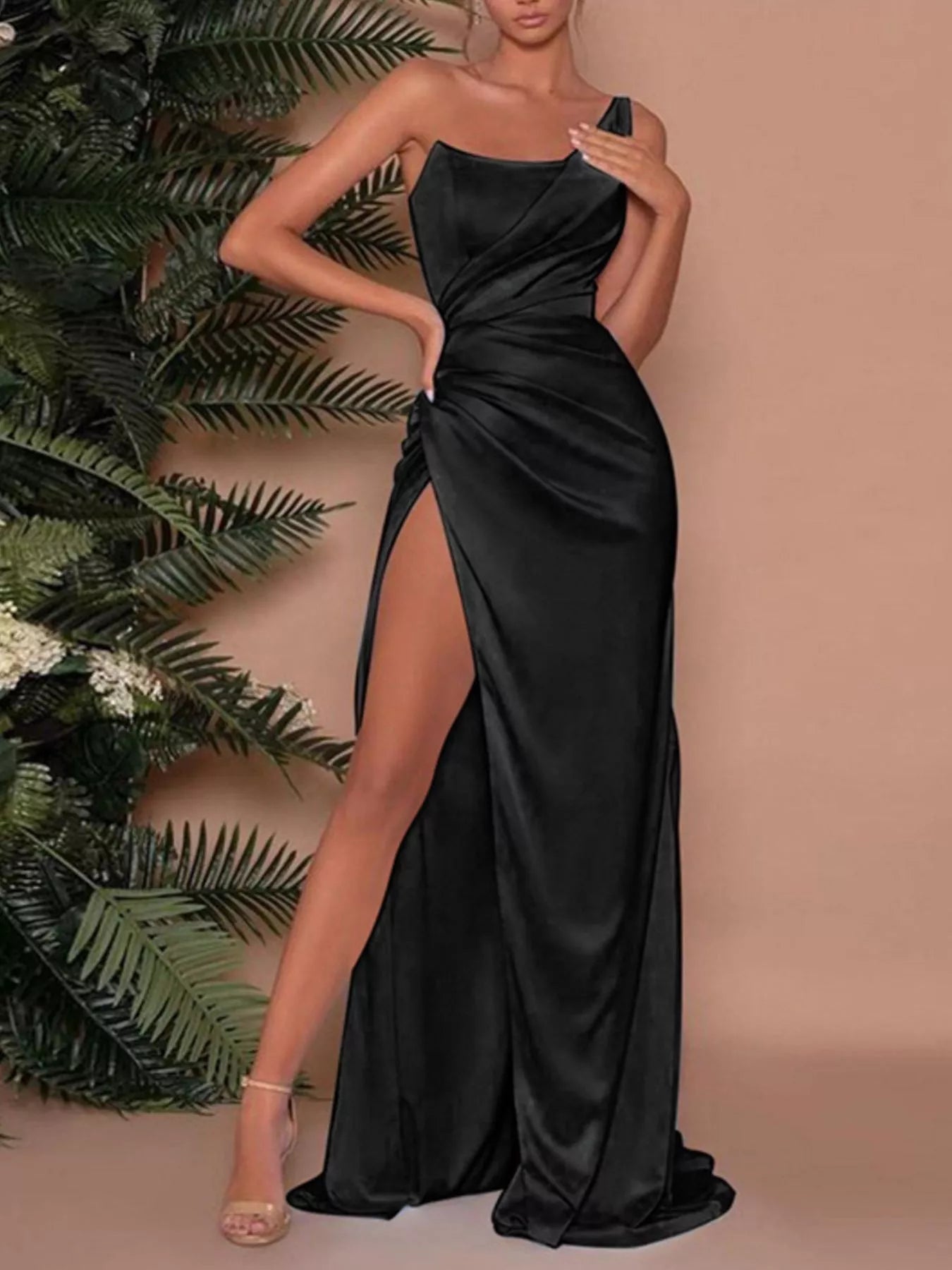 One-Shoulder Satin Maxi Dress with High Slit