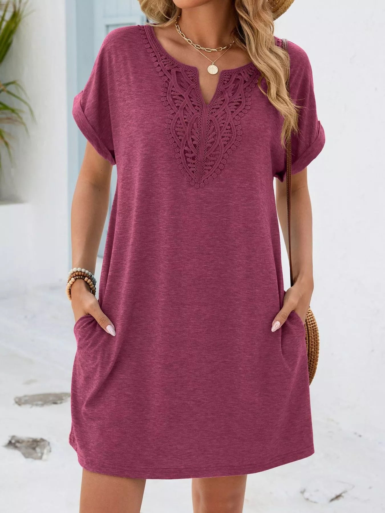 Lace Trim Notched Short Sleeve Dress