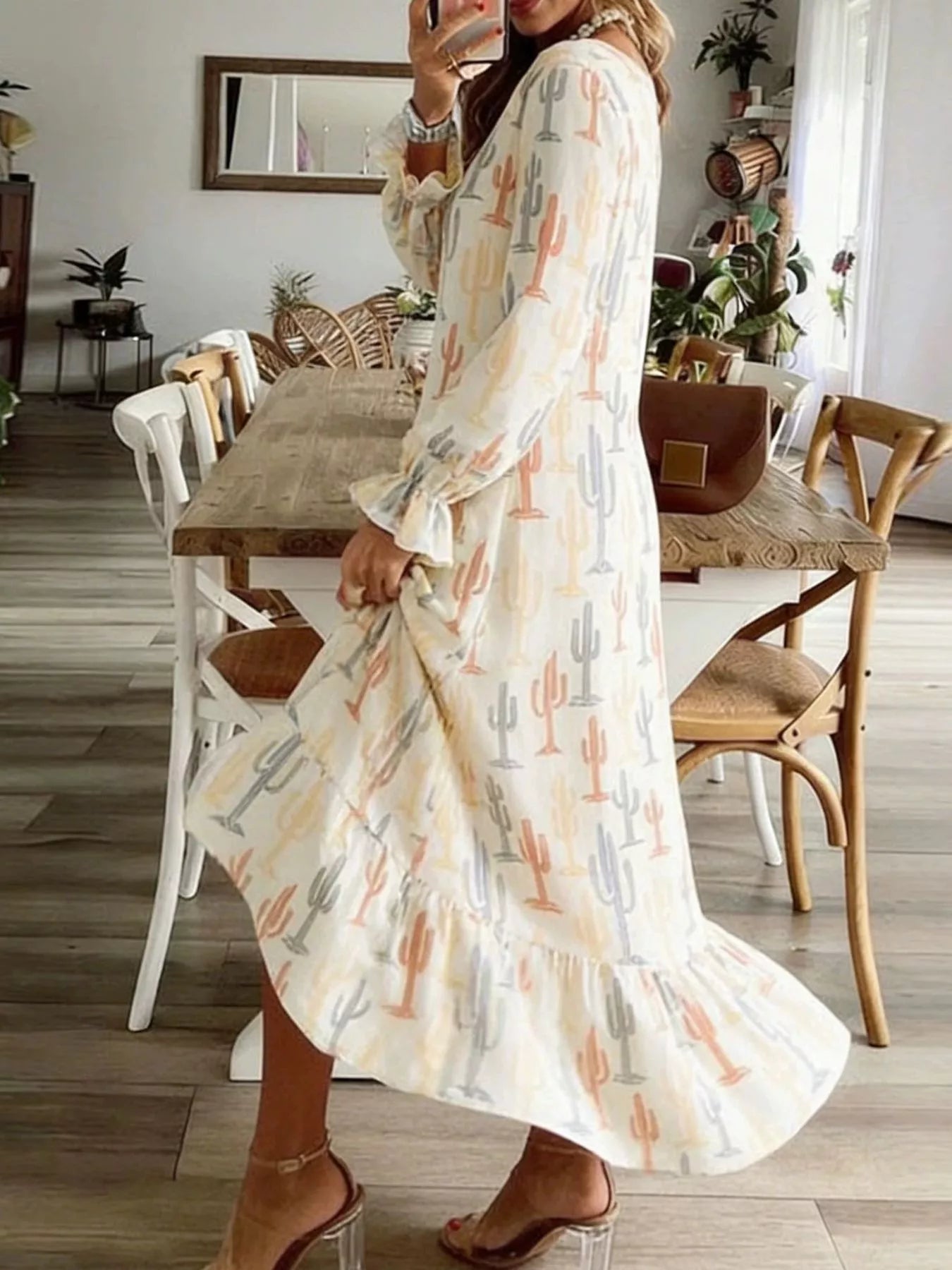 V-Neck Flounce Sleeve Dress