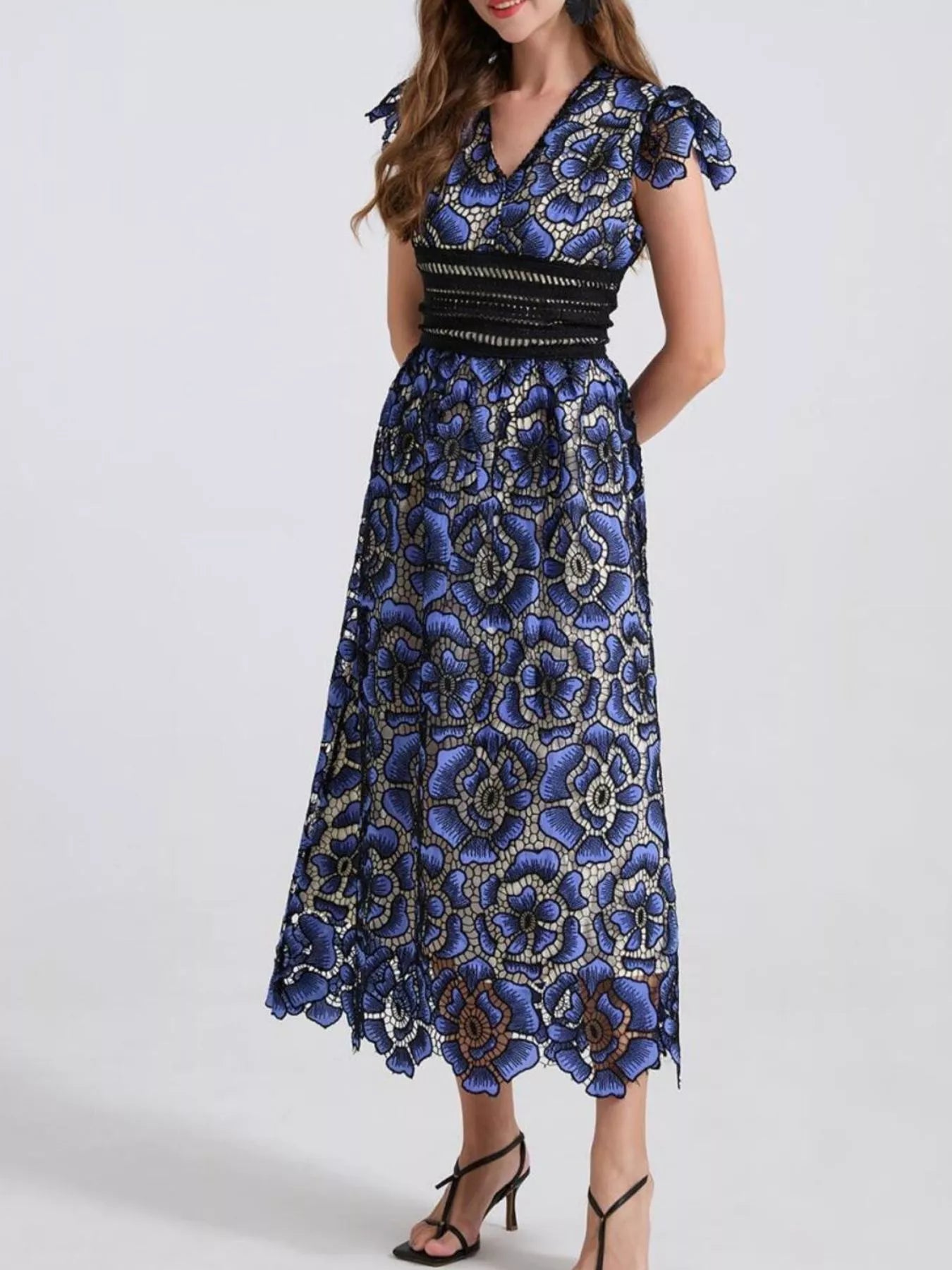 Printed V-Neck Ruffle Sleeve Midi Dress