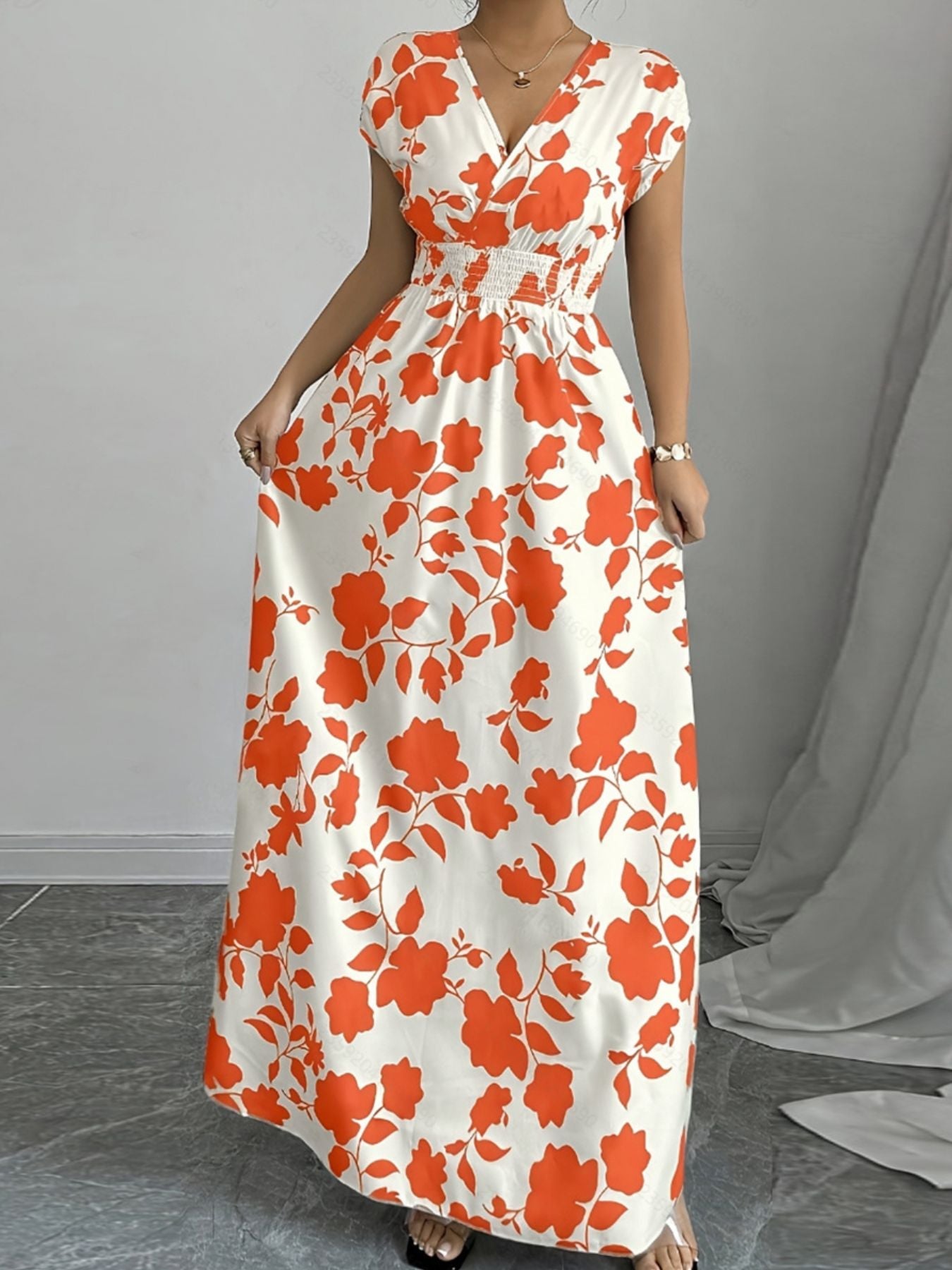 Printed Surplice Cap Sleeve Maxi Dress