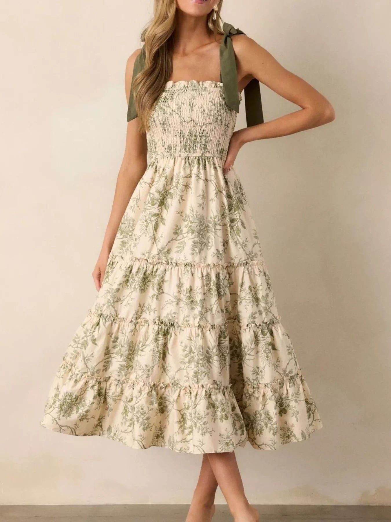 Floral Print Tiered Midi Dress with Tie Straps
