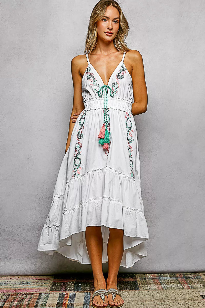 POL Embroidered Detail Tassel Tie Smocked Waist Midi Tiered Cami Dress