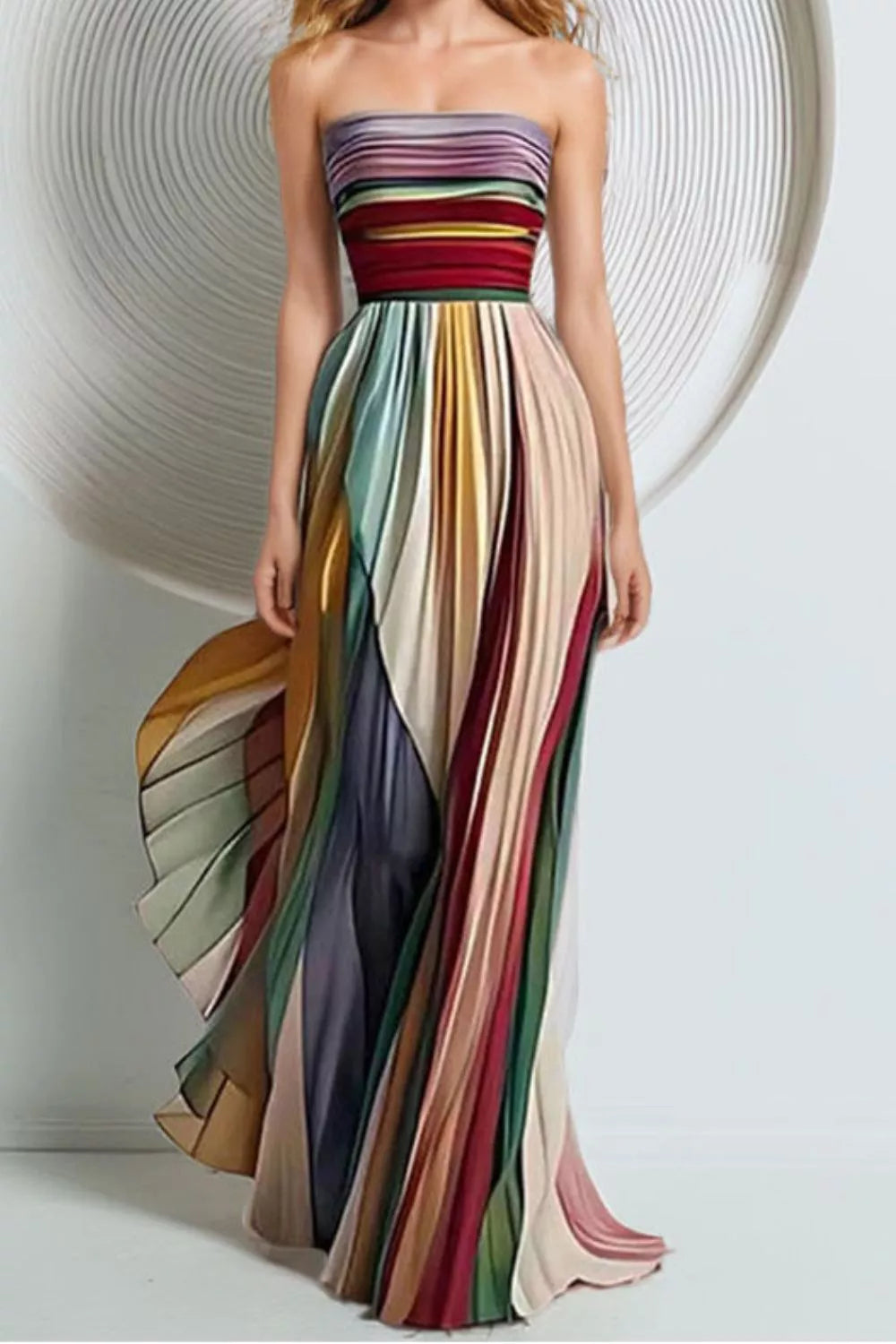 Striped Pleated Strapless Maxi Dress