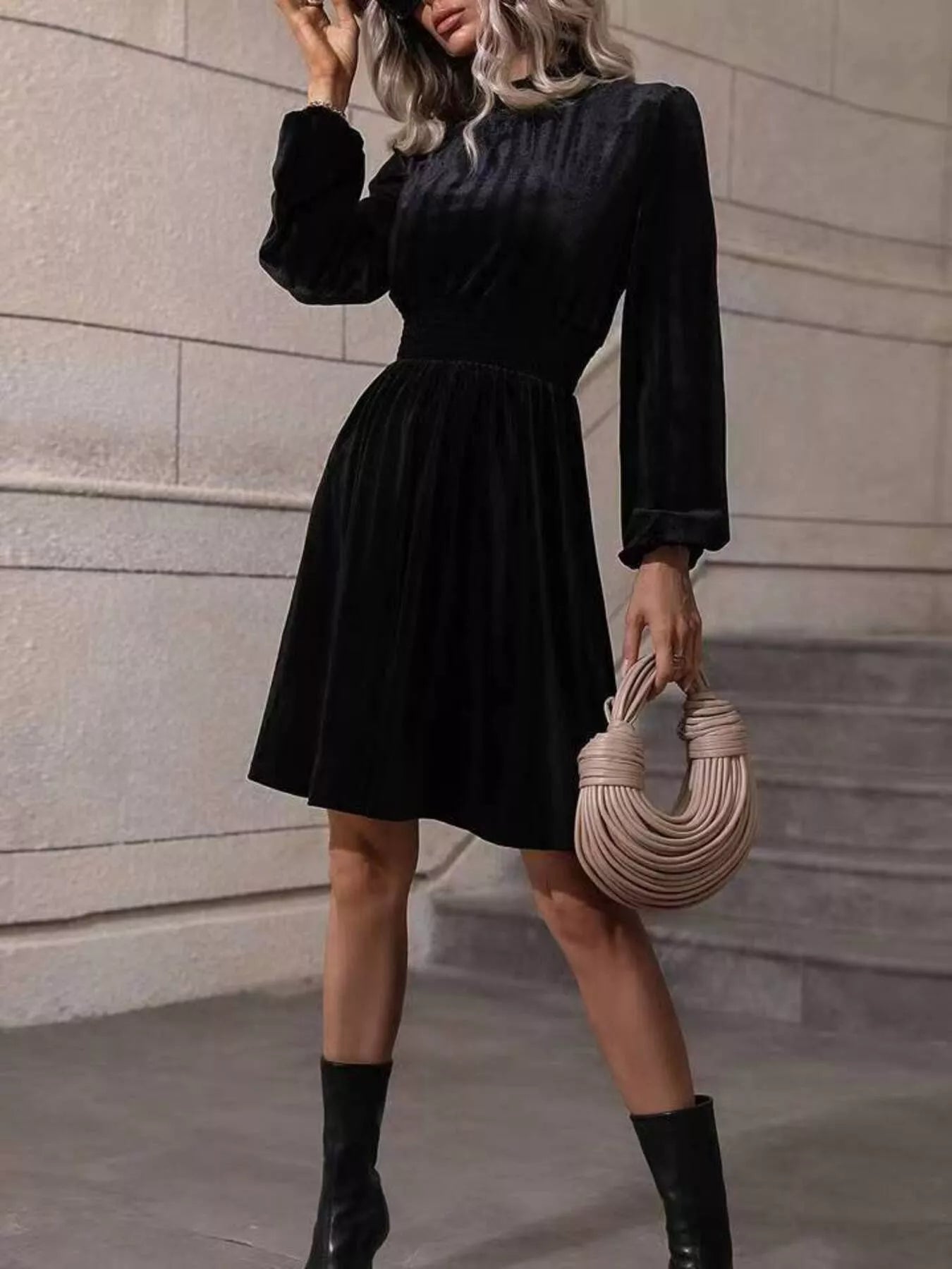 Velvet High Neck Long Sleeve A-Line Dress