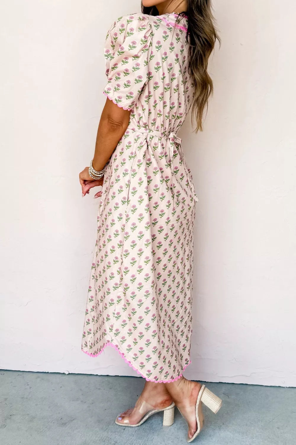 Floral Print V Neck Scallop Trim Button Front Short Sleeve Dress