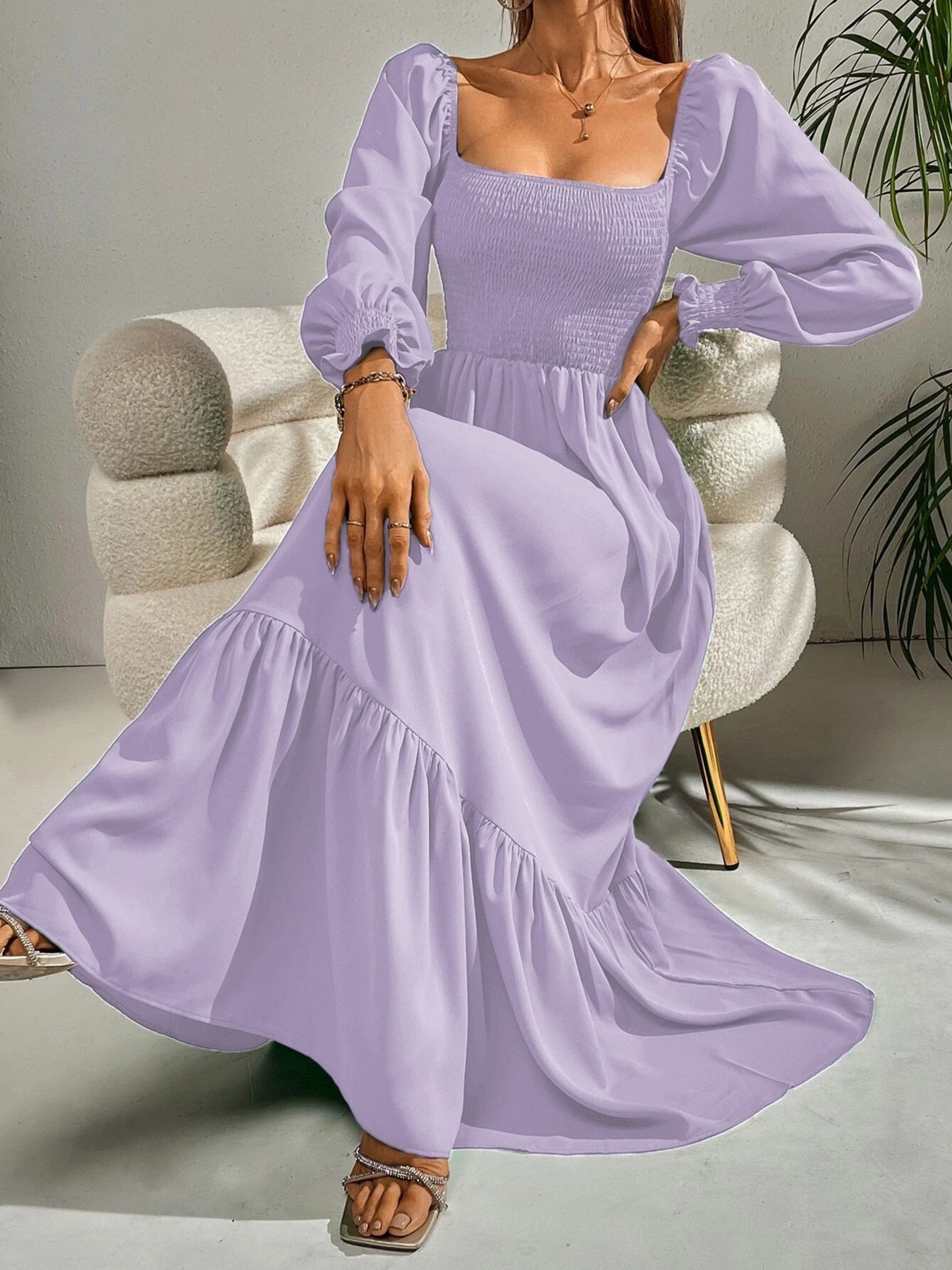 Smocked Long Sleeve Midi Dress