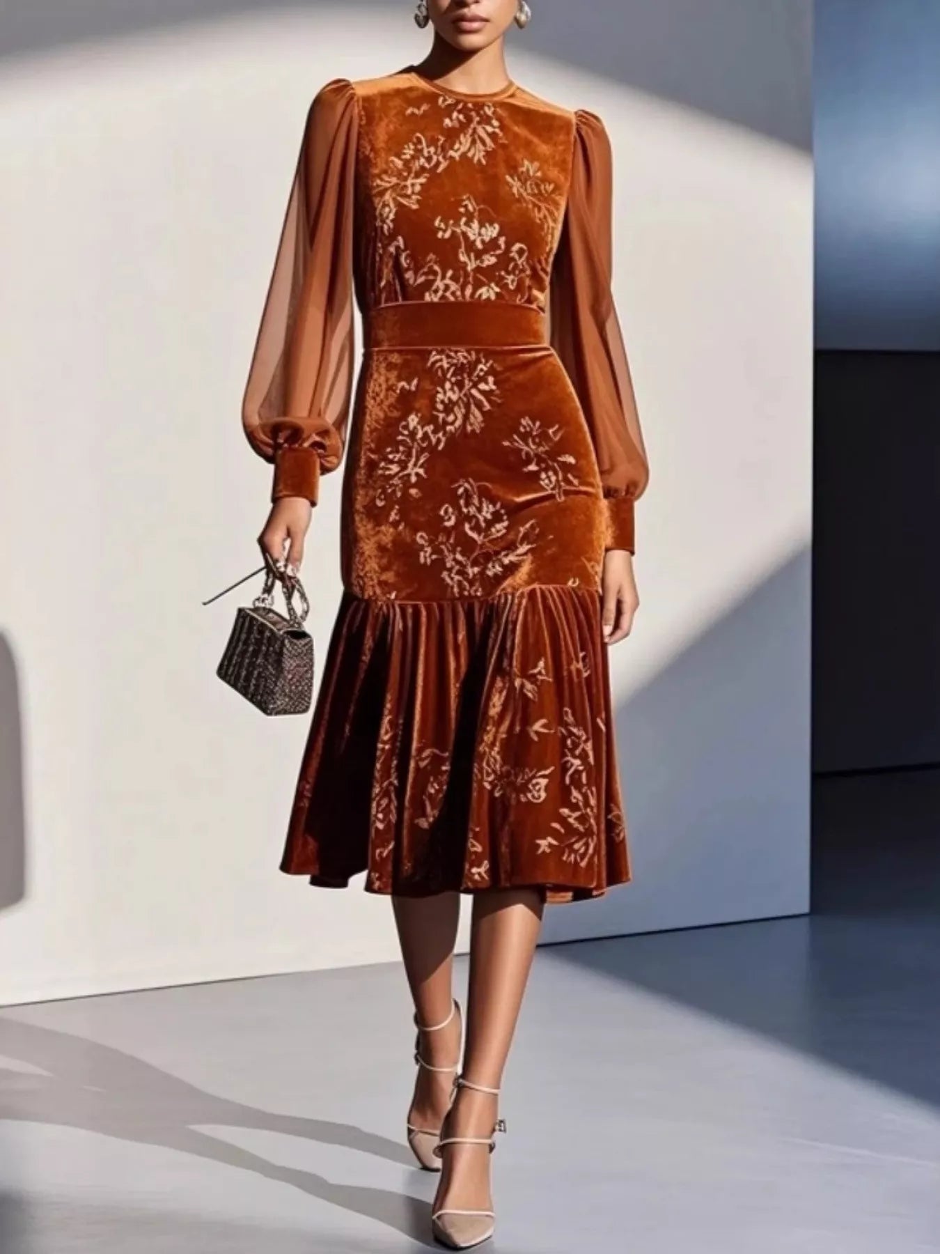 Velvet Floral Lantern Sleeve Midi Dress