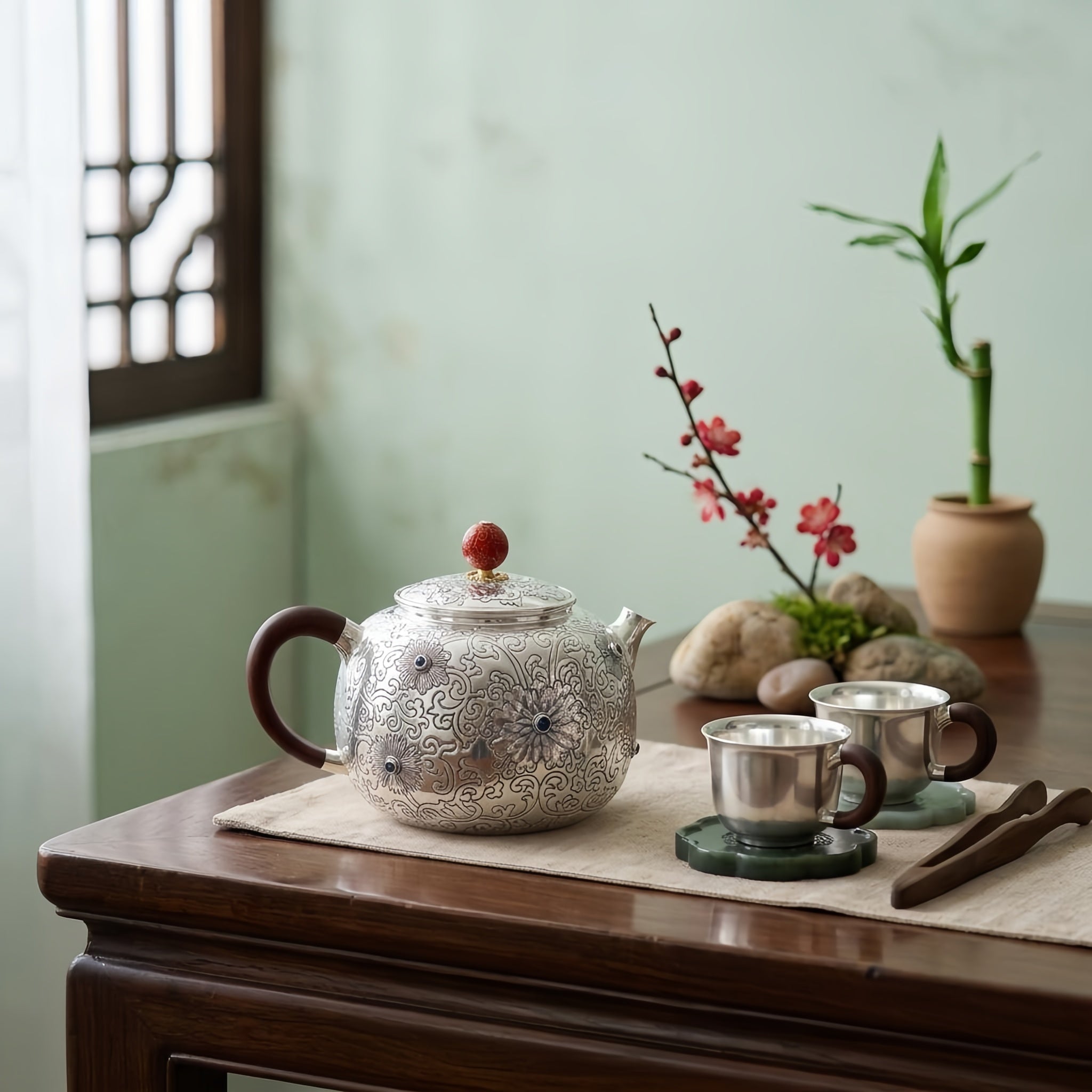 925 Sterling Silver Ornate Hand-Engraved Silver Teapot with Gemstone Accents and Wooden Handle - Handicraft