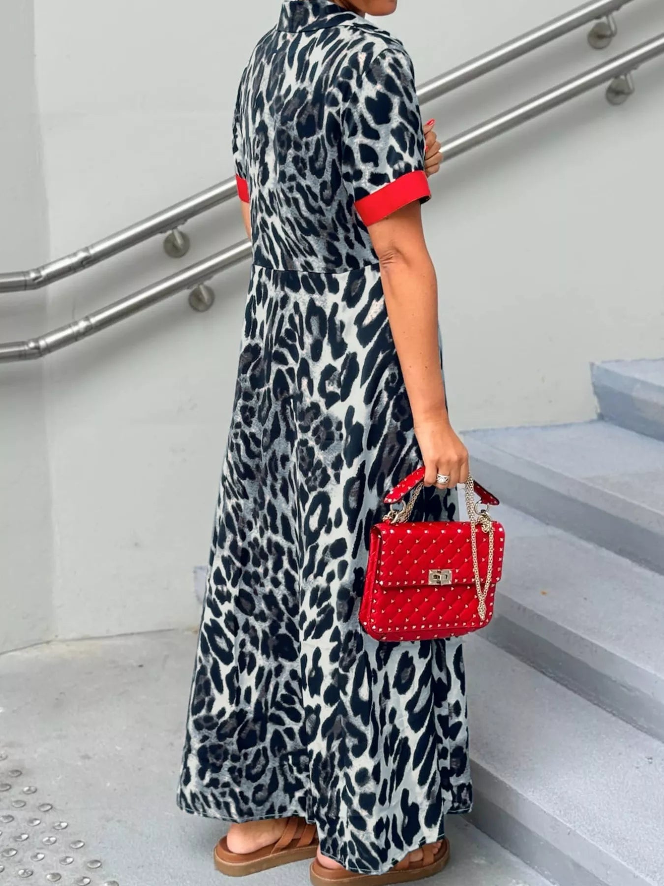 Leopard Print Button-Down Dress with Contrast Trim