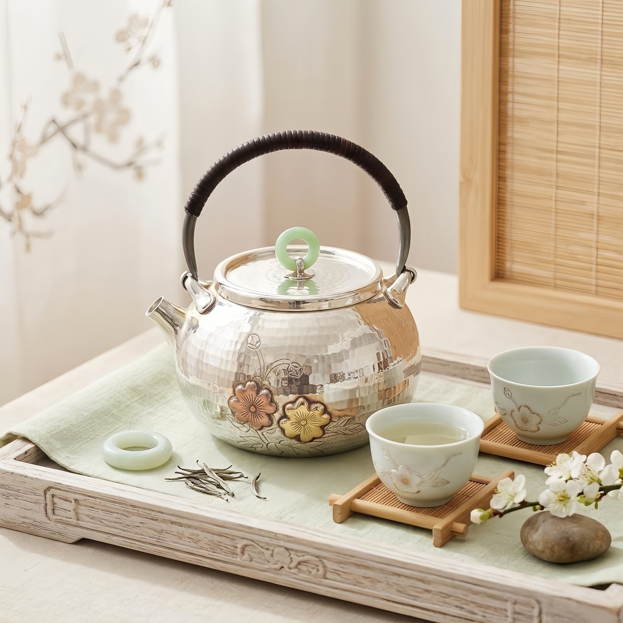 Pure 999 Fine Silver Elegant Hand-Hammered Silver Teapot with Floral Relief and Green Jade Finial - Handicraft