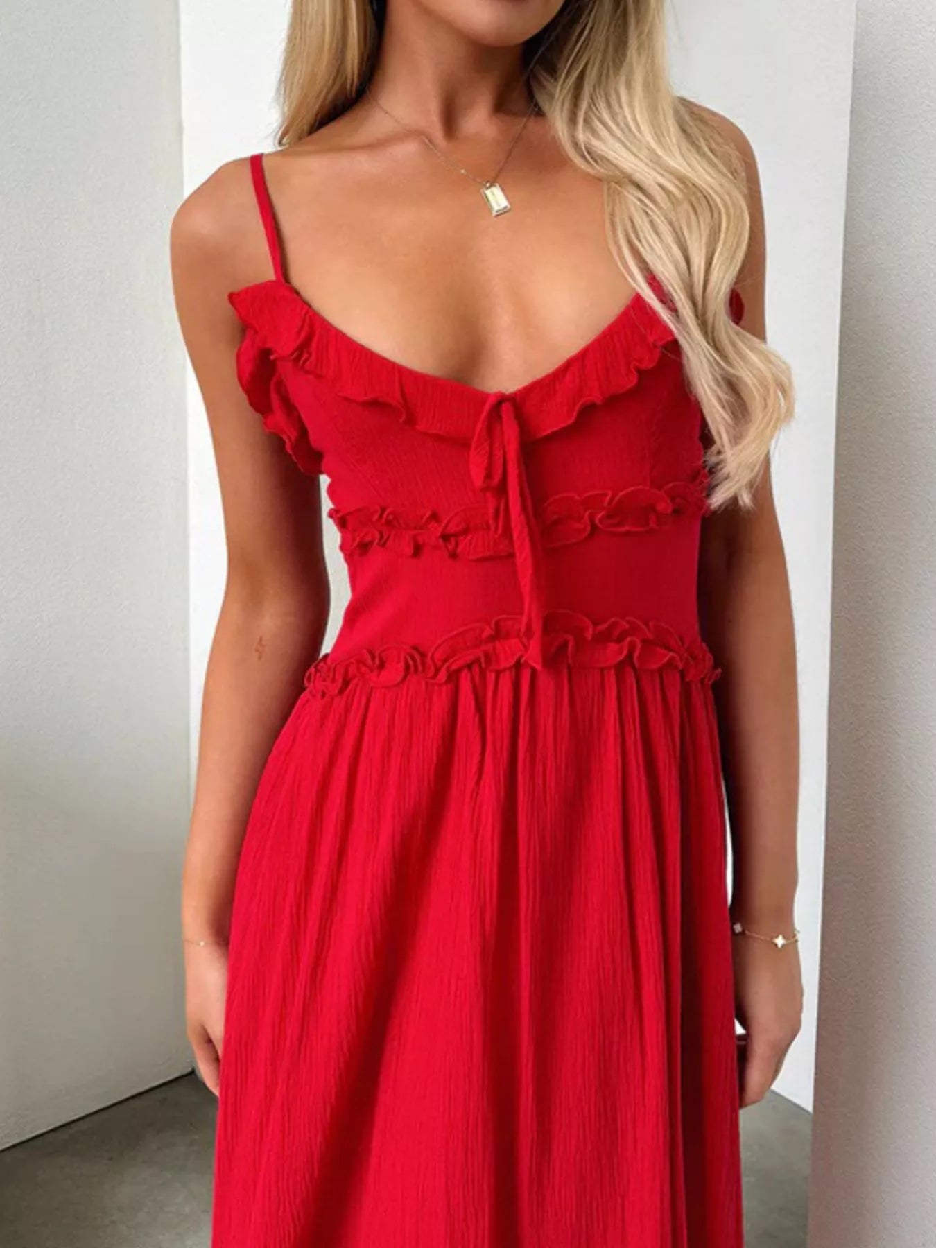 Ruffled Trimmed Spaghetti Strap Midi Dress