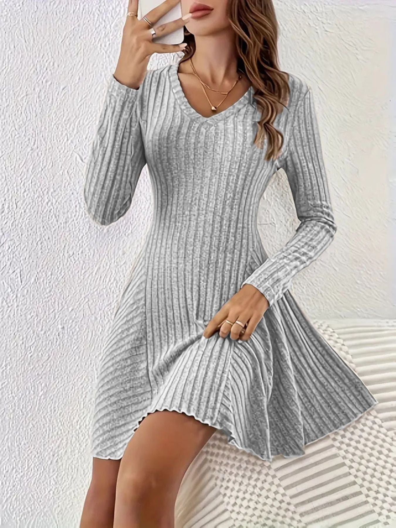 Ribbed Knit Long Sleeve A-Line Dress