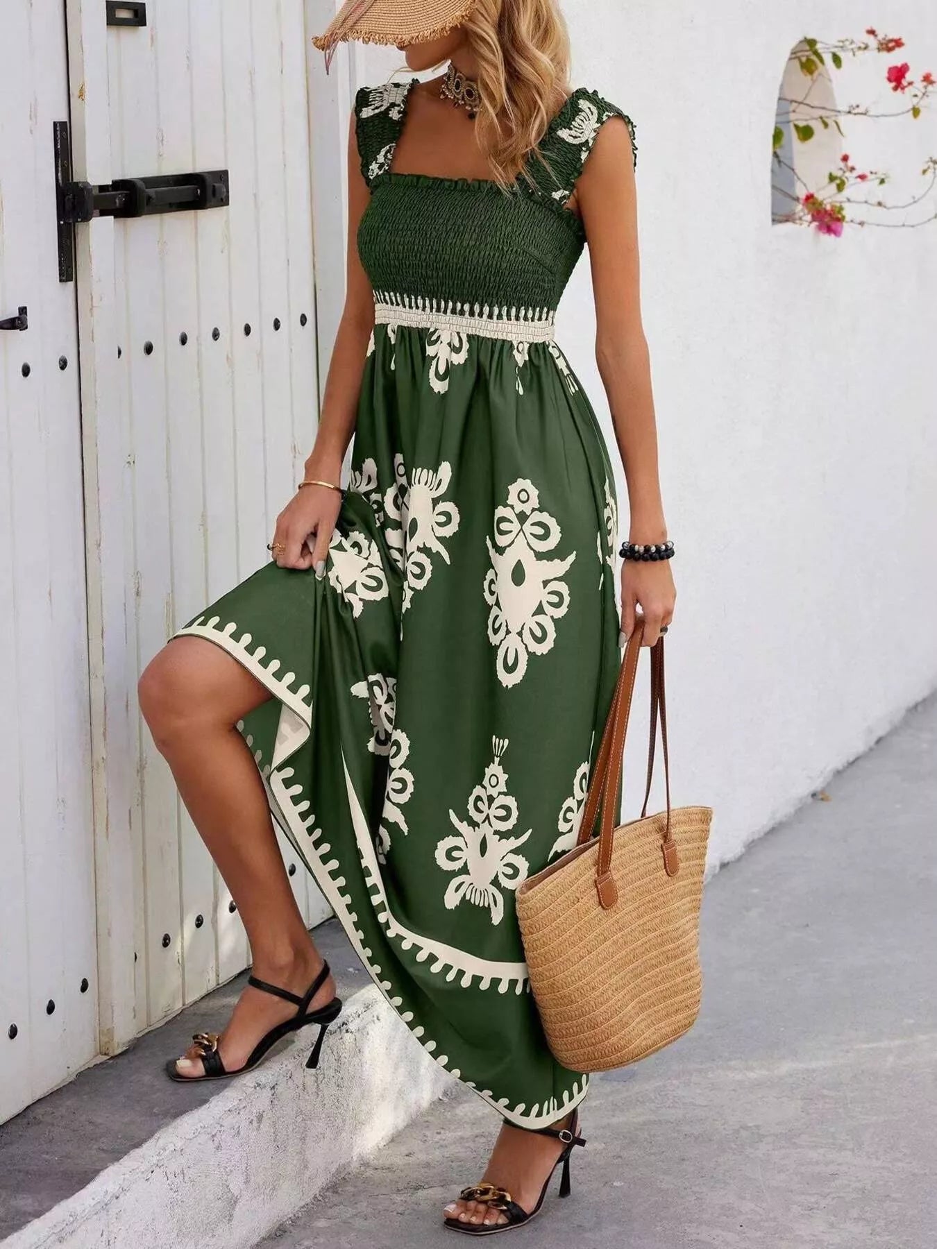 Smocked Printed Square Neck Maxi Dress
