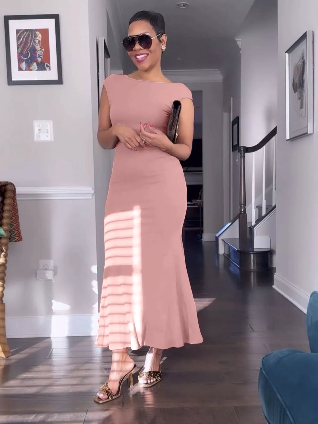 Backless Cap Sleeve Maxi Dress