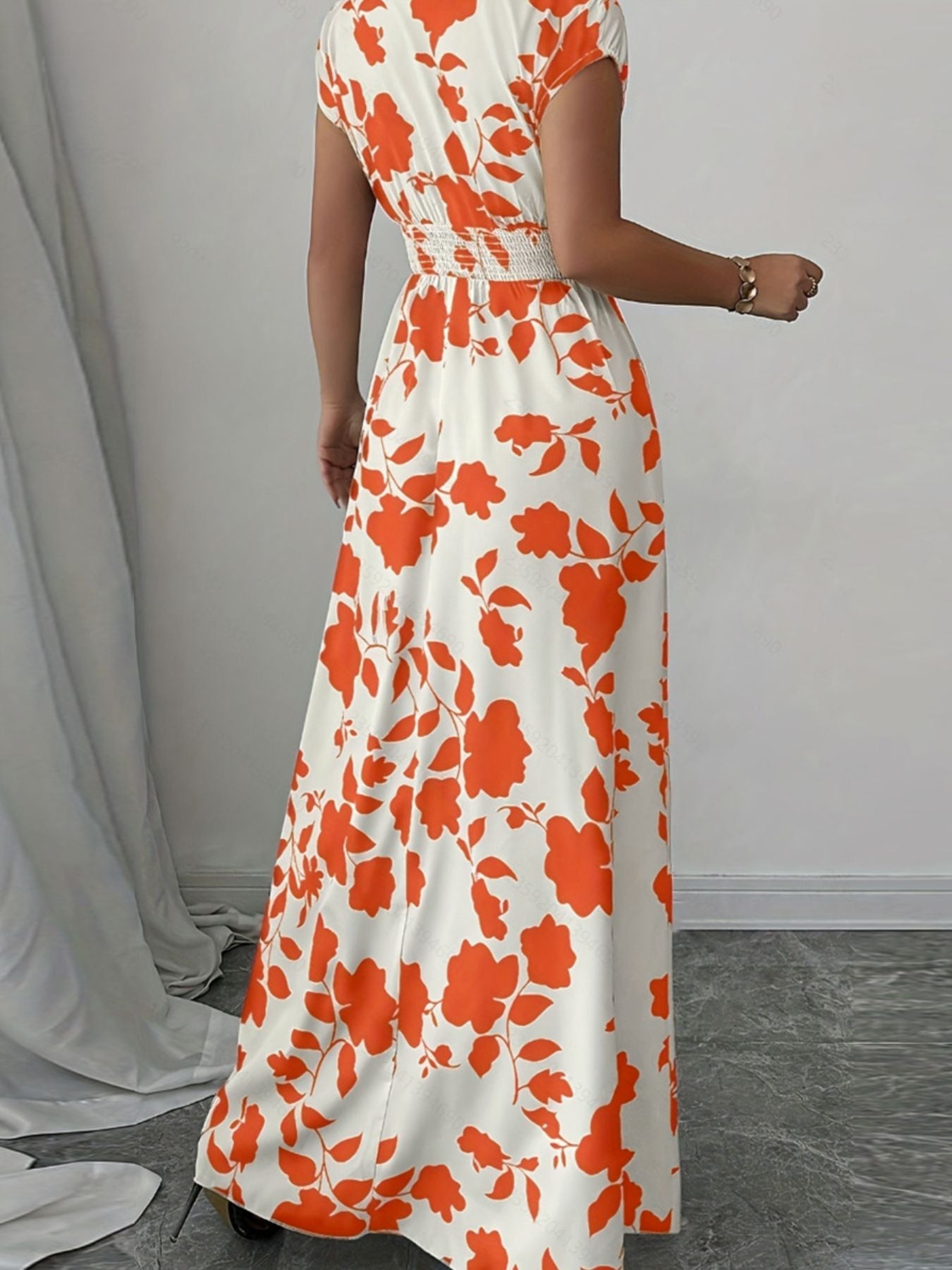 Printed Surplice Cap Sleeve Maxi Dress