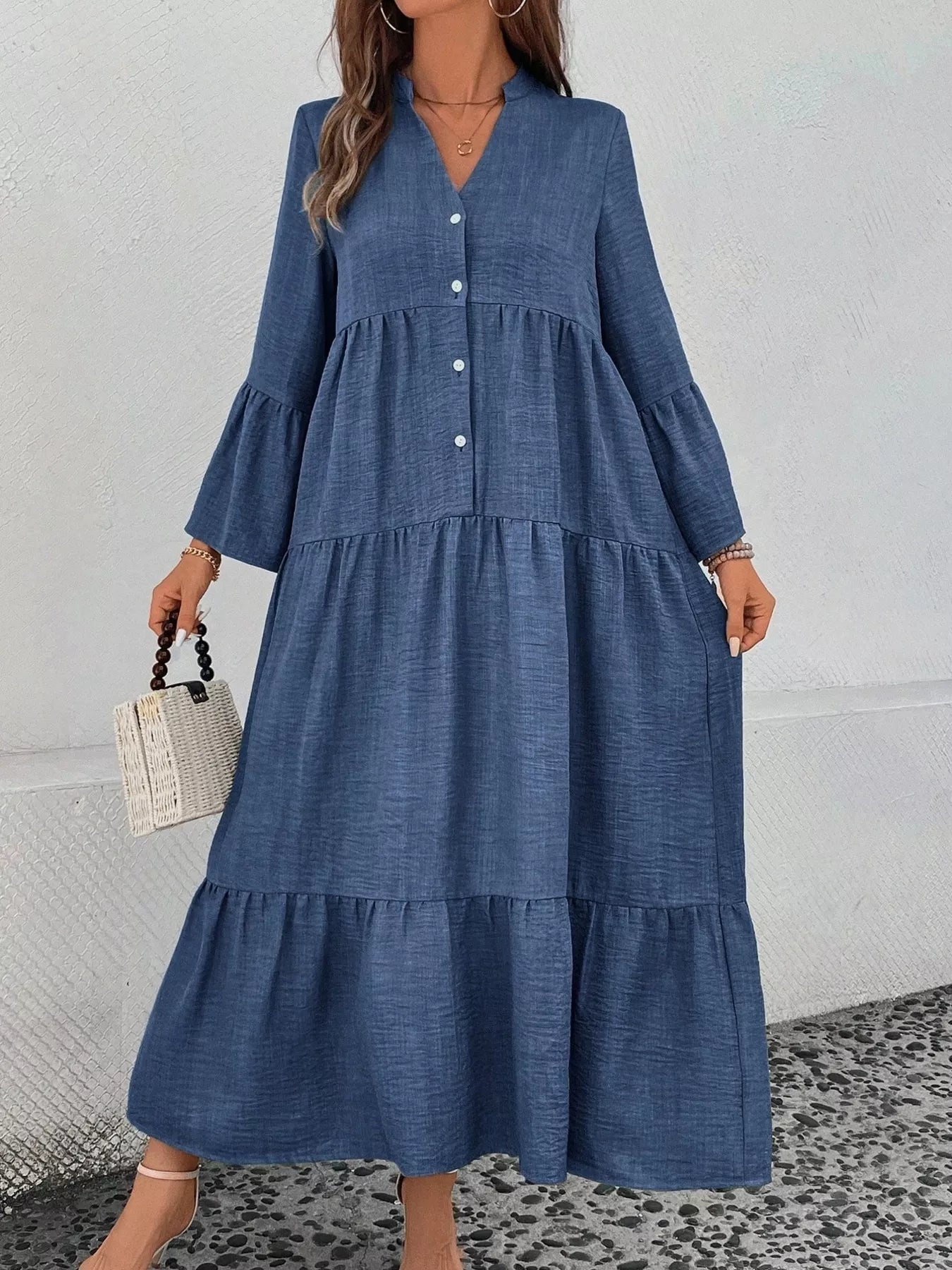 Ruffle Hem Button Front Tiered Dress