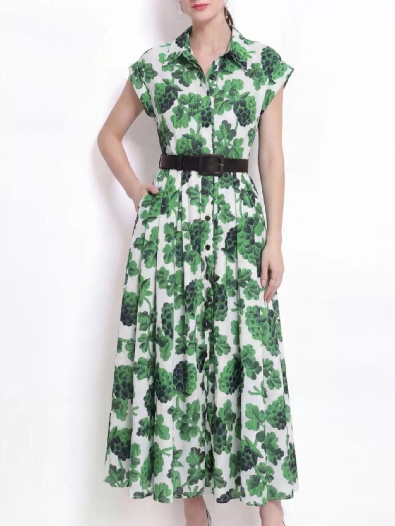 Printed Button Front Cap Sleeve Dress