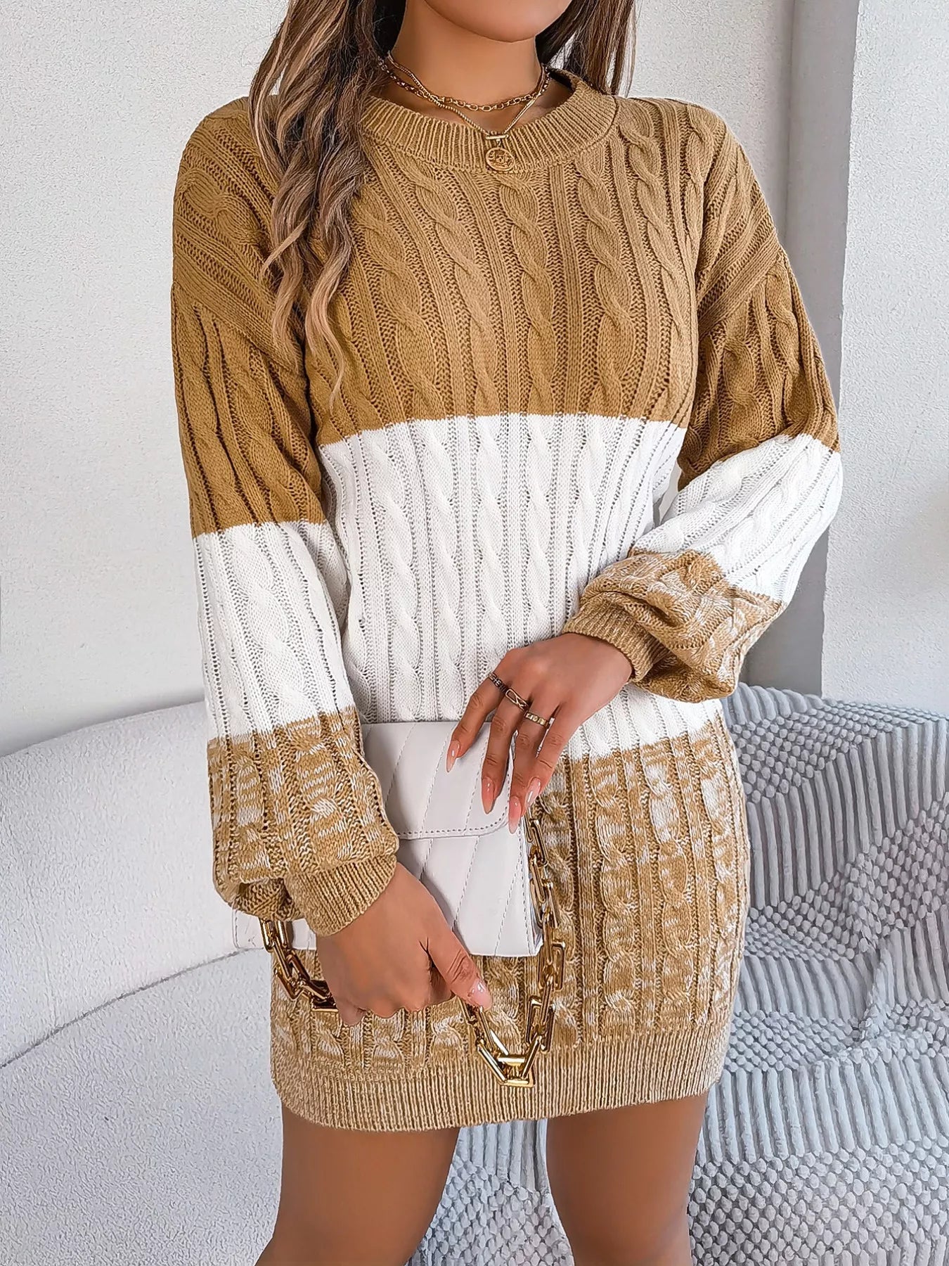 Color Block Cable Knit Sweater Dress with Textured Pattern