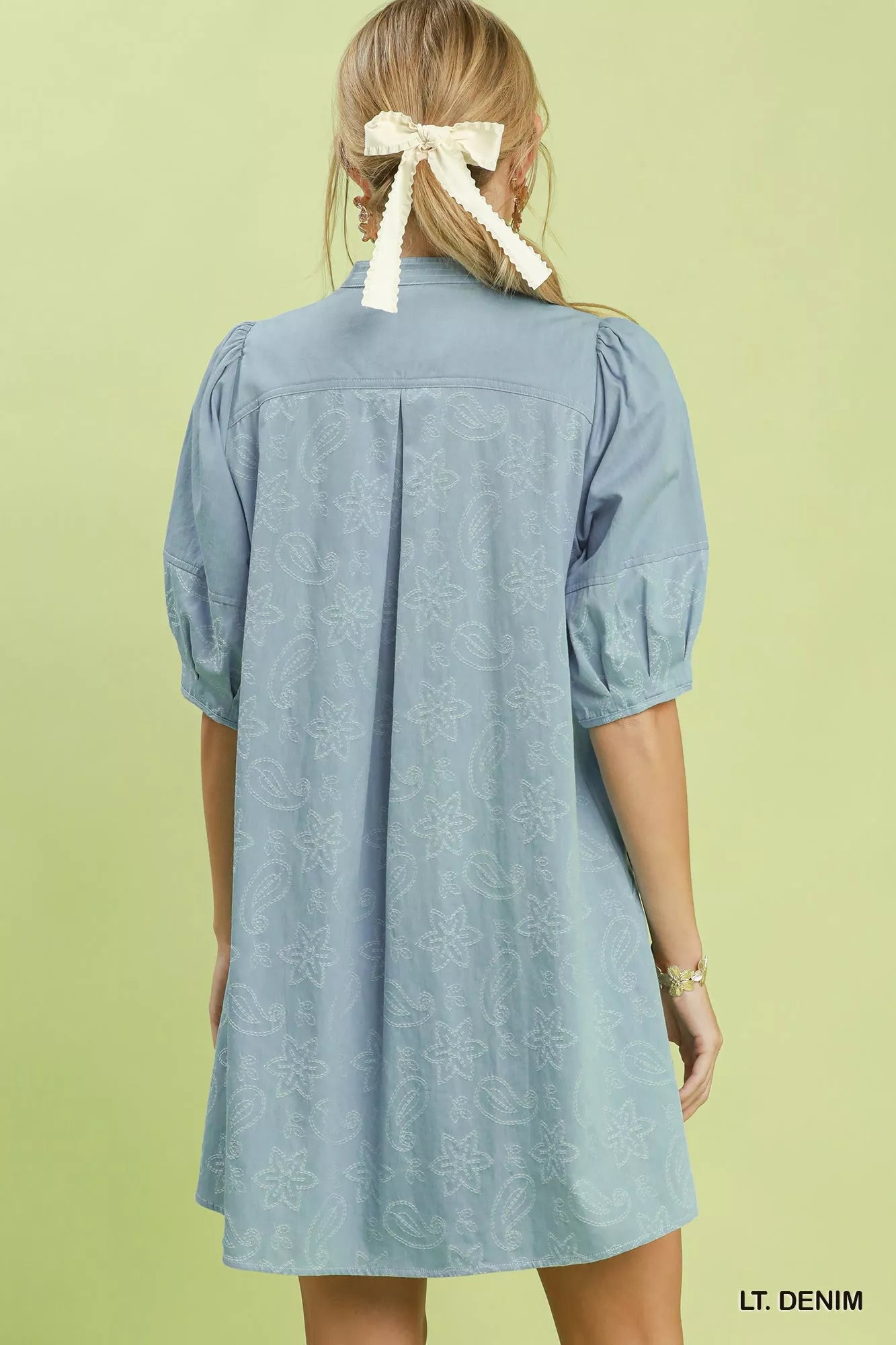 Umgee Print Denim Dress with Contrast Stitch