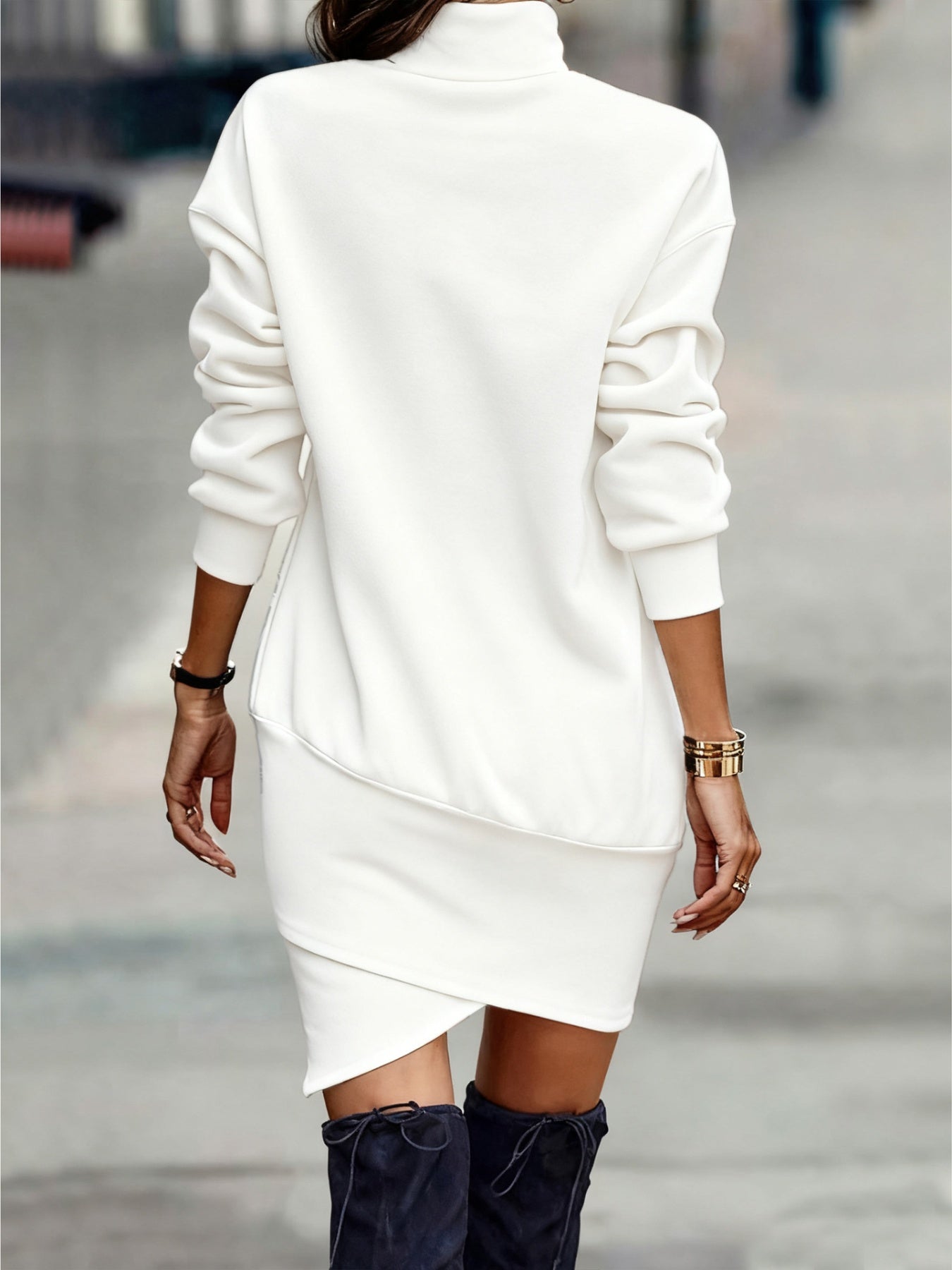 Turtleneck Long Sleeve Asymmetrical Hem Mini Dress
