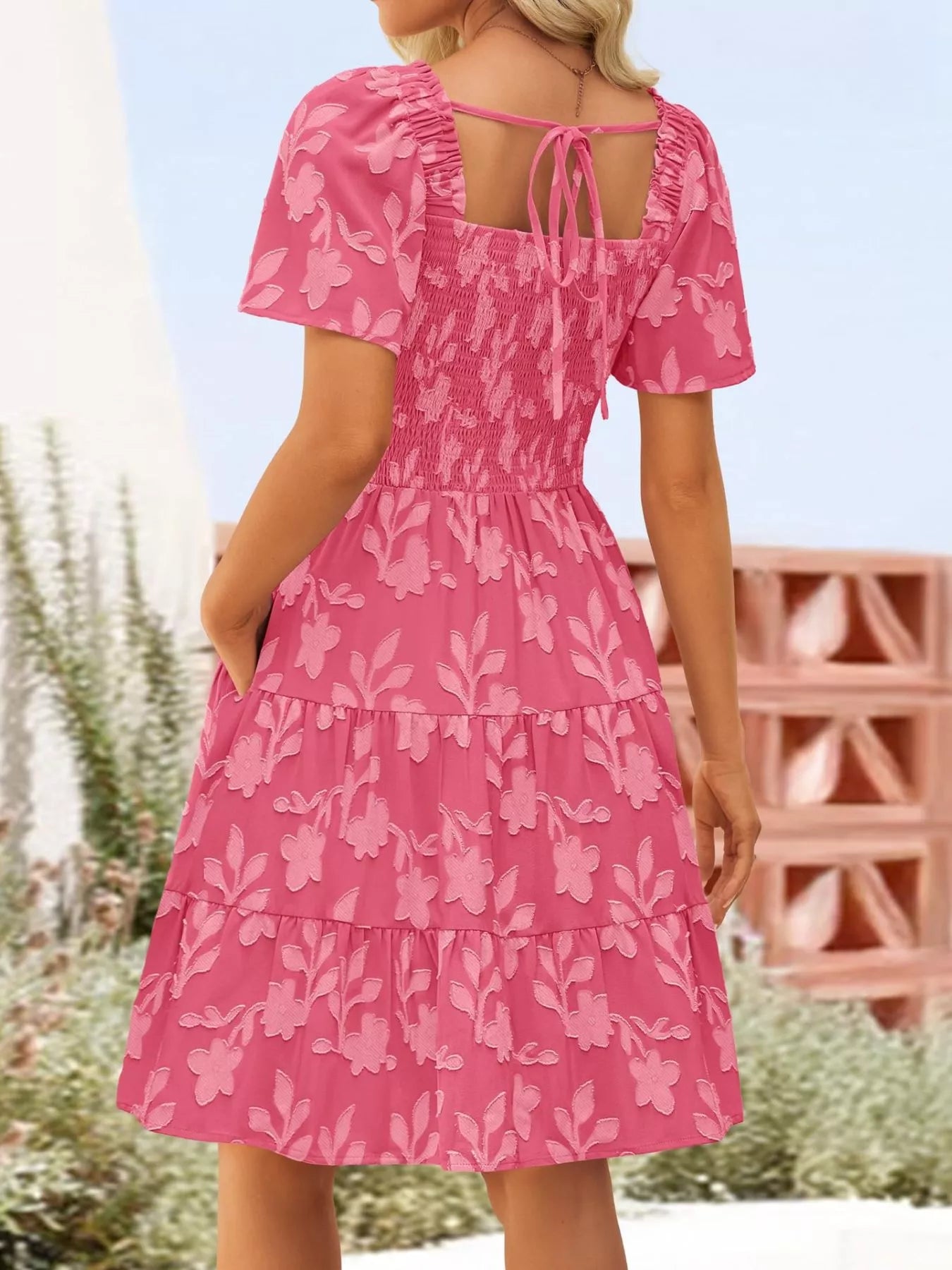 Smocked Square Neck Tiered Mini Dress