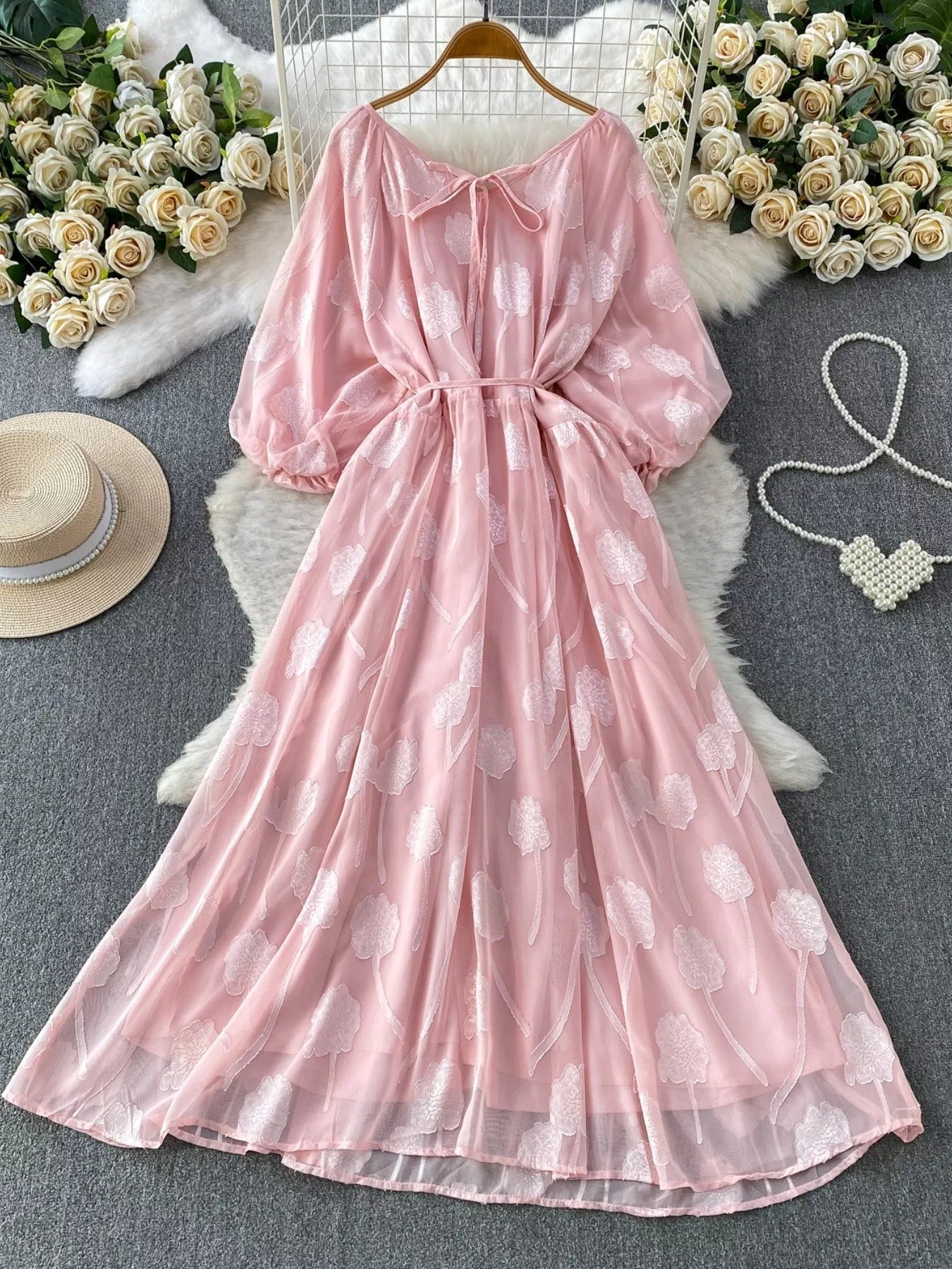 Button Front Puff Sleeve Chiffon Dress