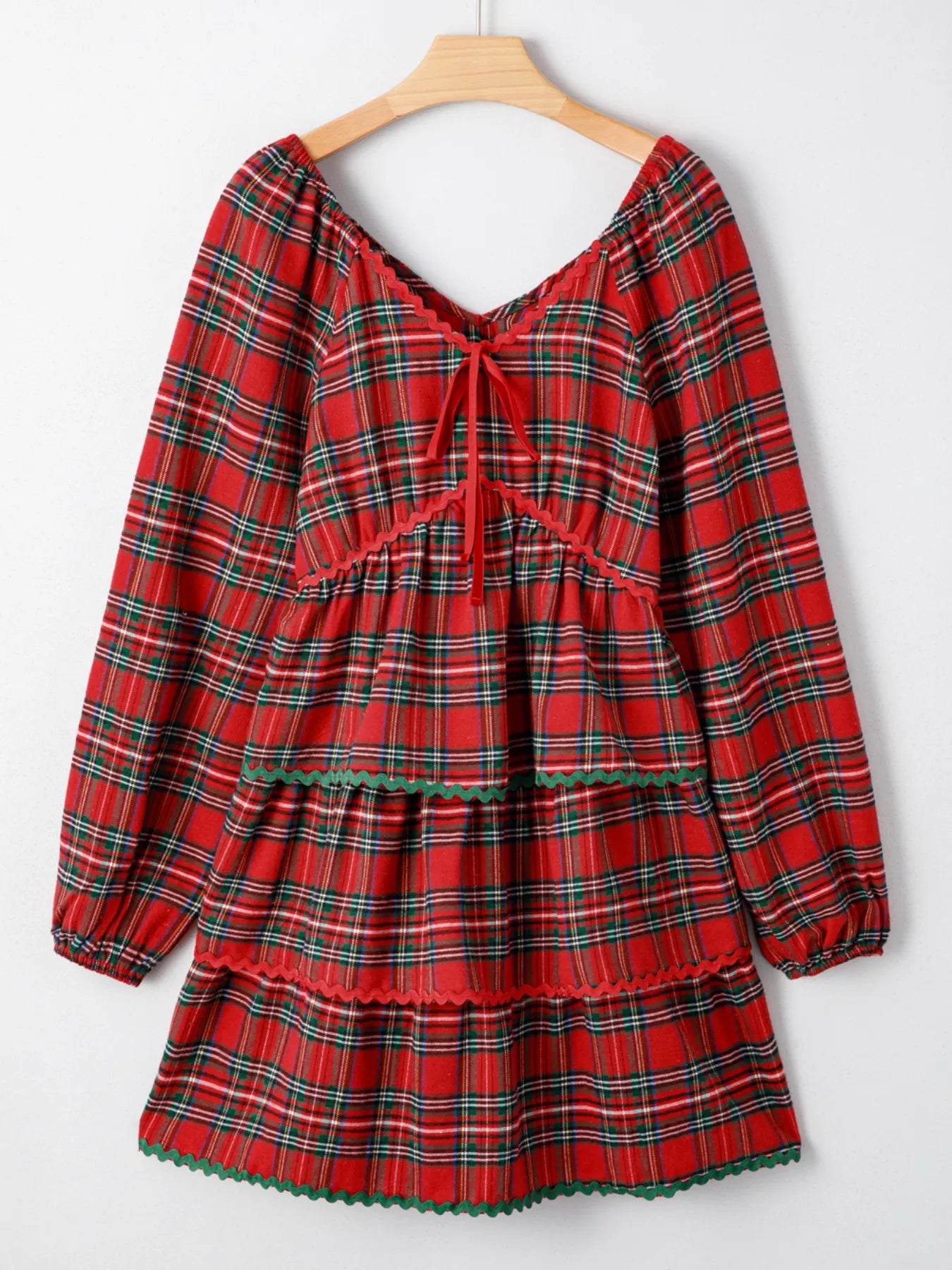 Plaid Print Ricrac Tiered Bubble Sleeve Mini Dress