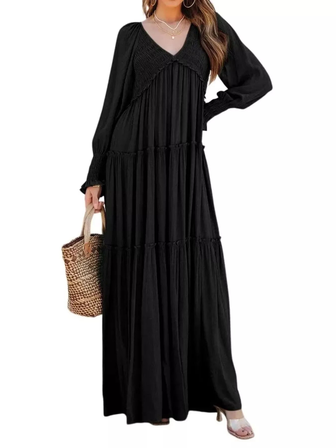V-Neck Long Sleeve Tiered Maxi Dress