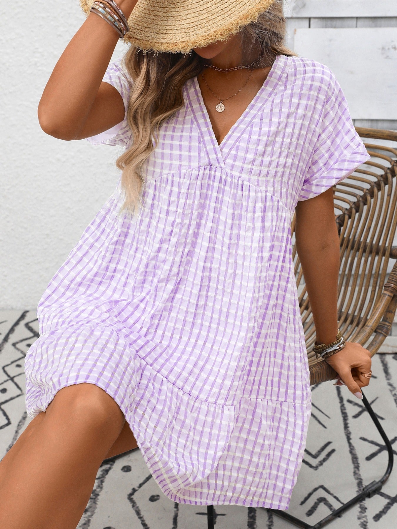 Plaid V-Neck Ruffle Hem Mini Dress