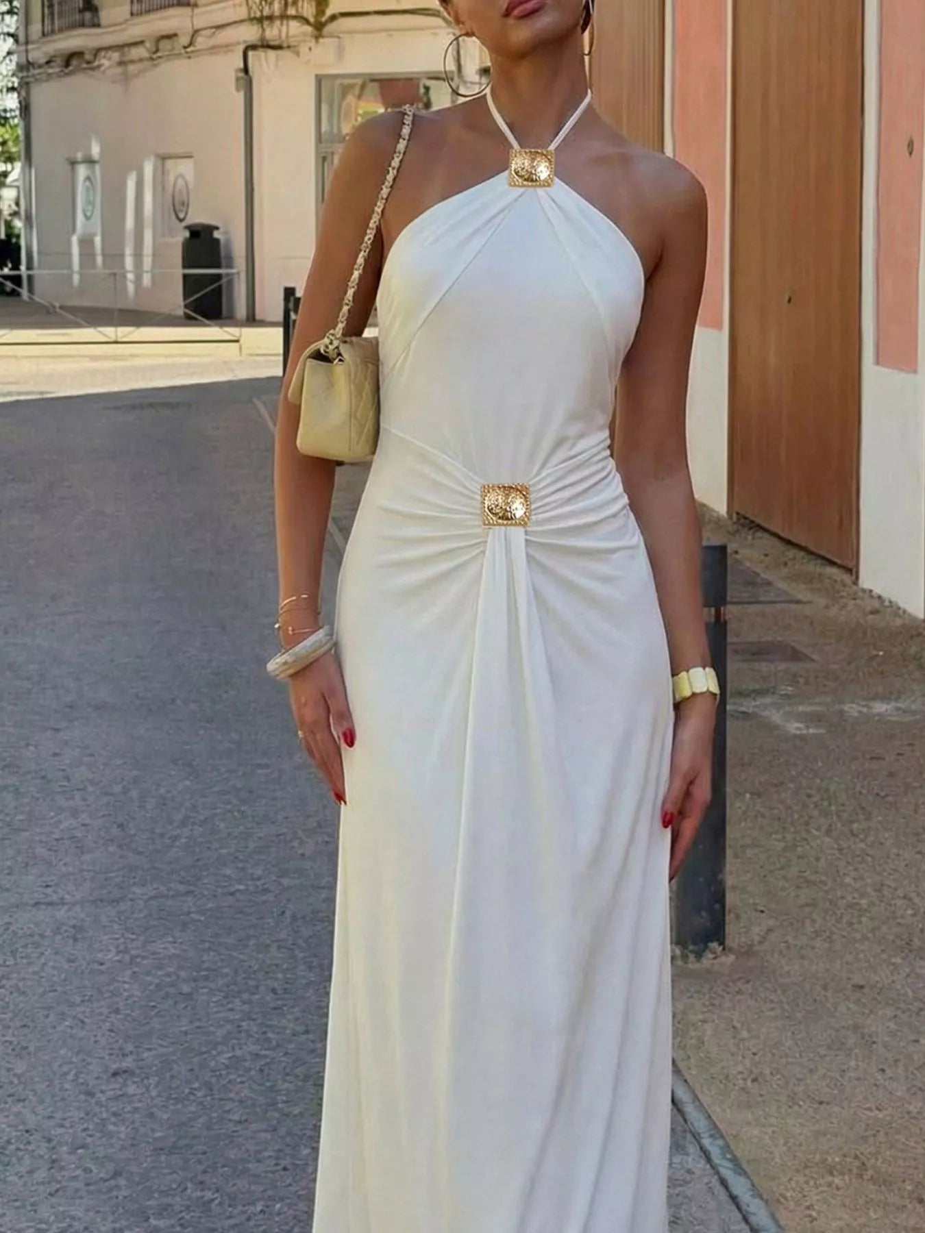 Backless Ruched Halter Neck Maxi Dress