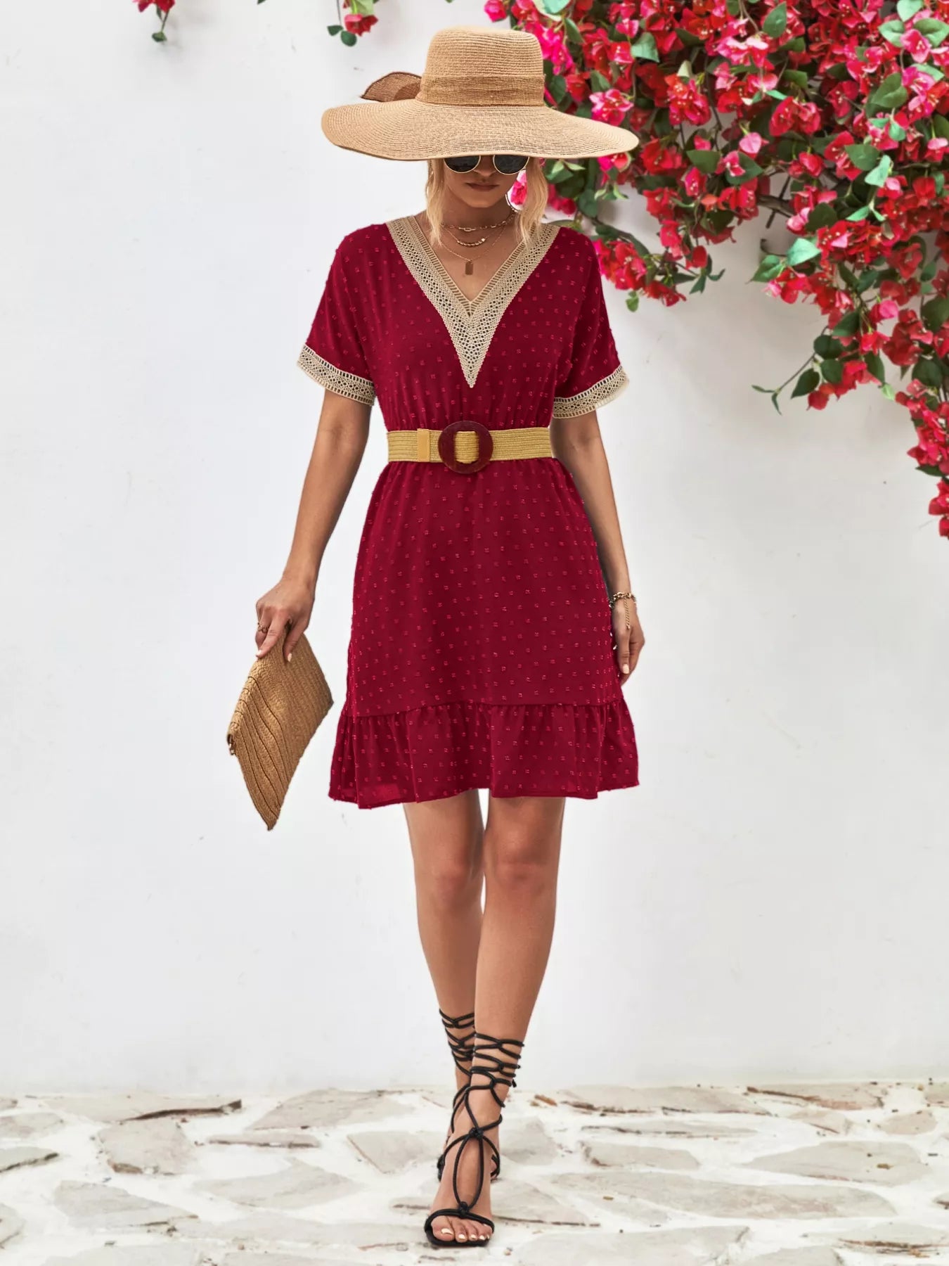 V-Neck Swiss Dot Ruffle Hem Mini Dress