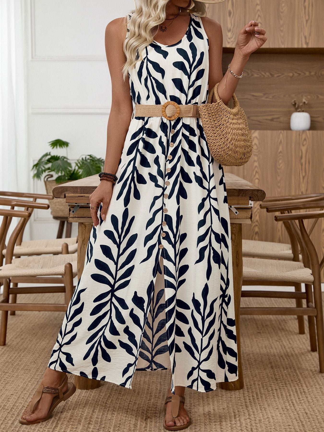 Leaf Print Sleeveless Slit Dress