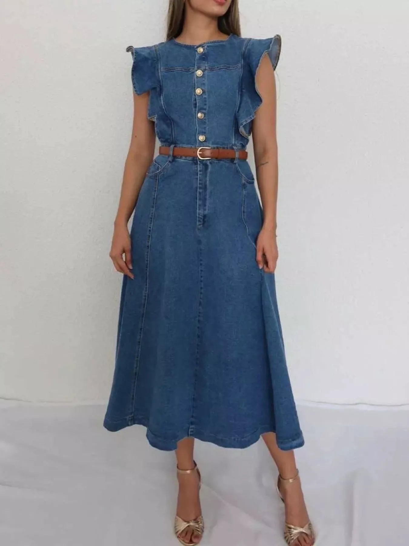 Ruffled Button Front Denim Dress