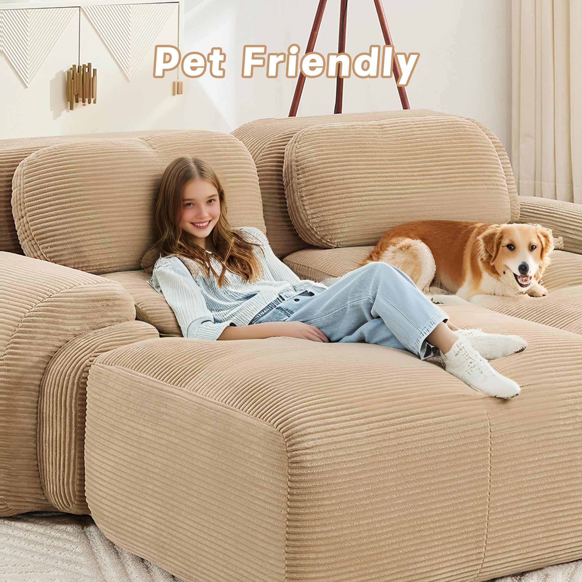 Three-Seat Modular Sofa with 3 Ottomans - Camel