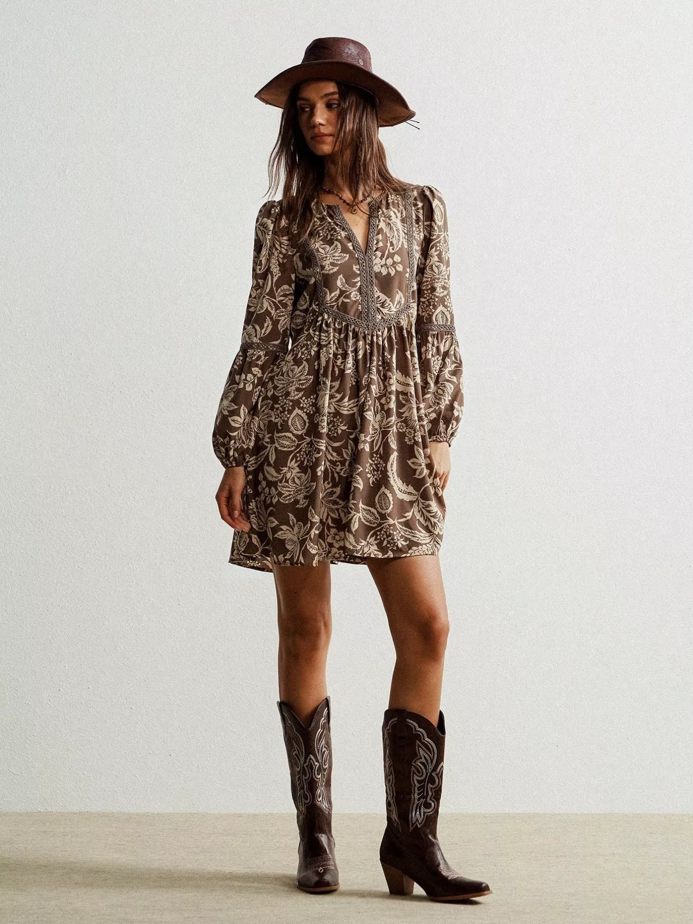 Plus Size Printed Notched Long Sleeve Dress
