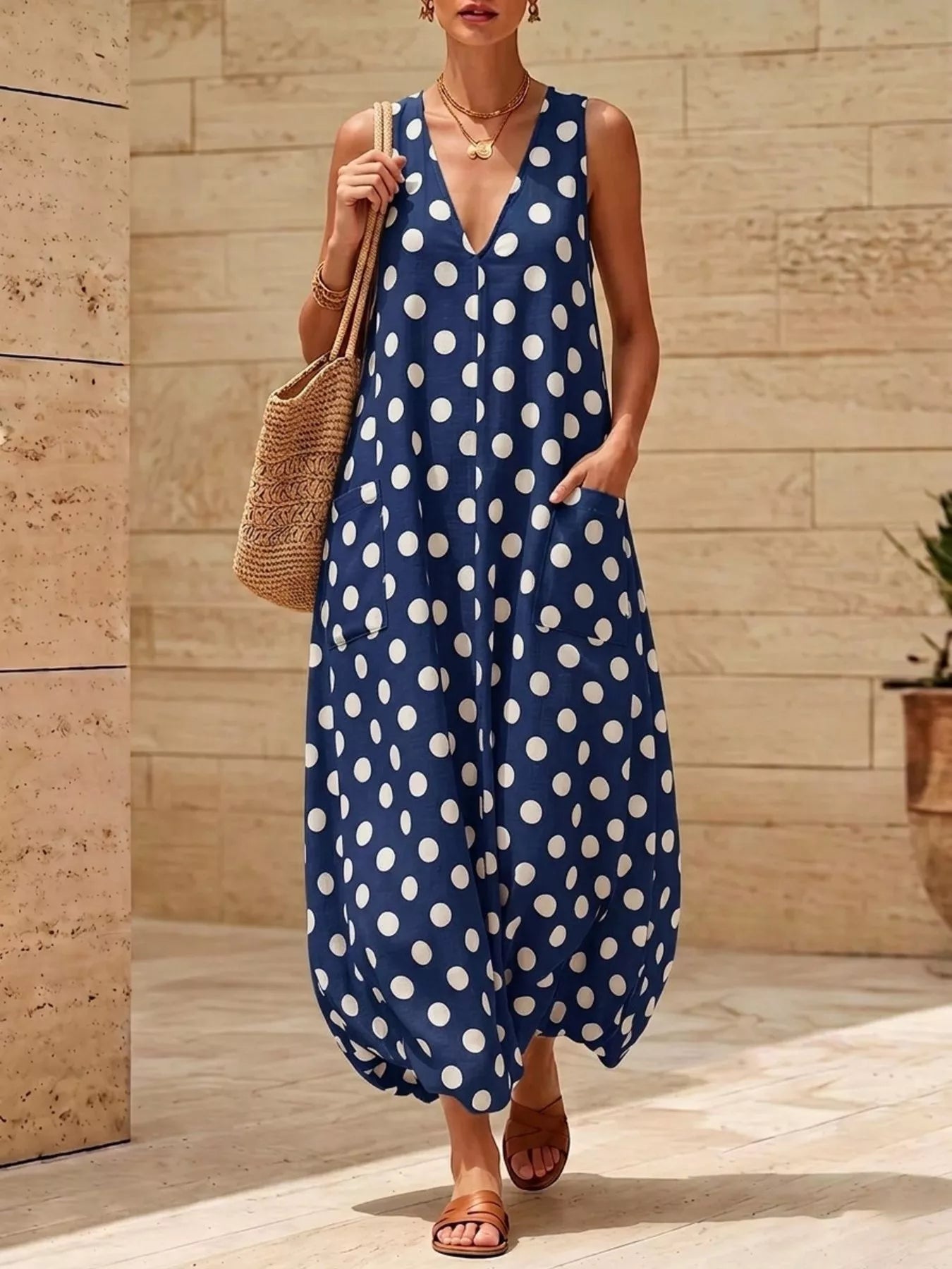 Polka Dot V-Neck Sleeveless Maxi Dress