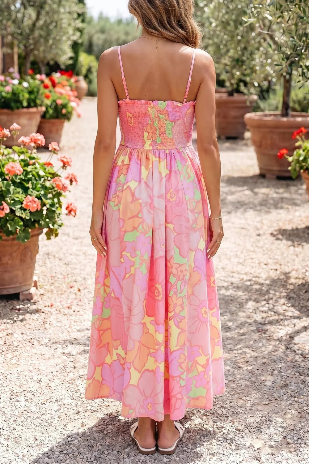 Spaghetti Straps Floral Shirred High Waist Dress