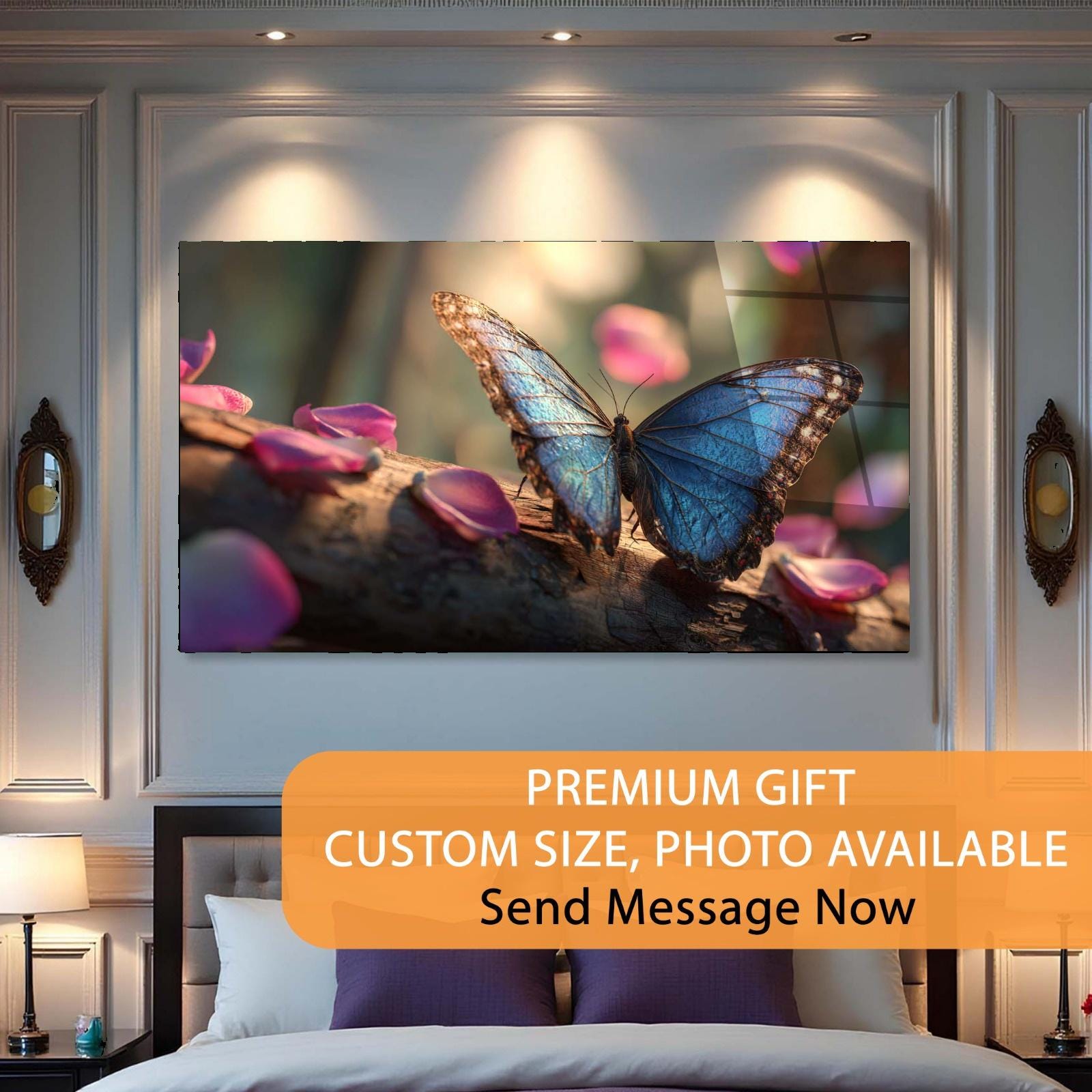 Blue Butterfly Tempered Glass Wall Art | Modern Nature Home Decor
