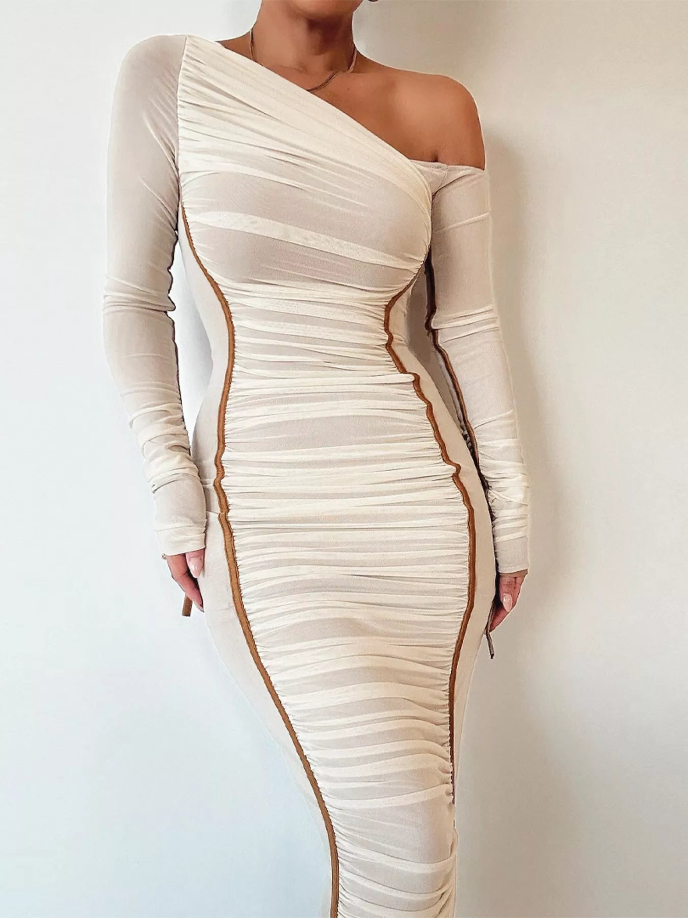 One-Shoulder Ruched Bodycon Midi Dress