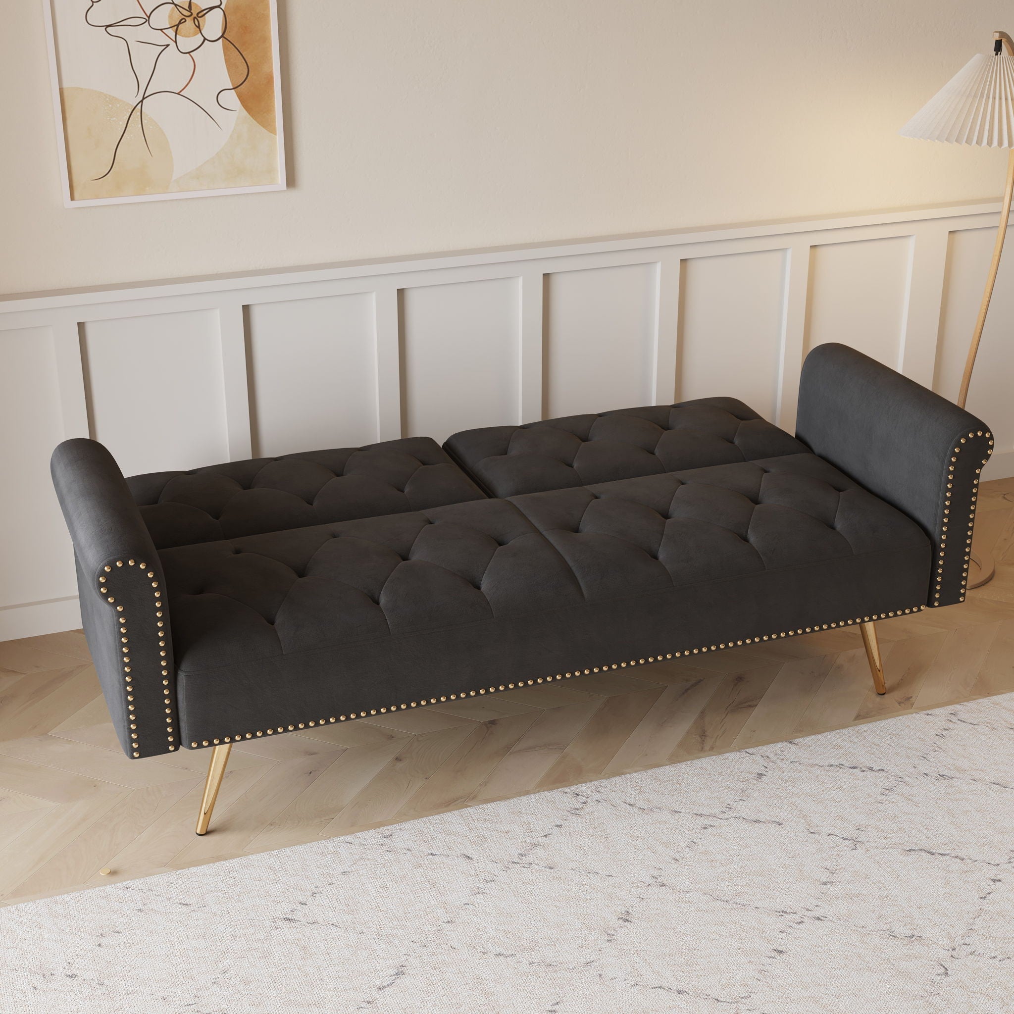 Luxurious Sofa Bed With Nail Head Trim And Matching Pillow