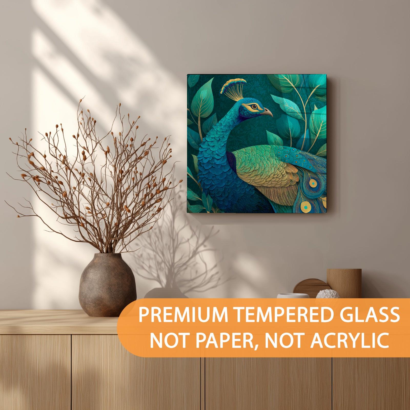 Teal & Gold Peacock Tempered Glass Wall Art | Elegant Home Decor