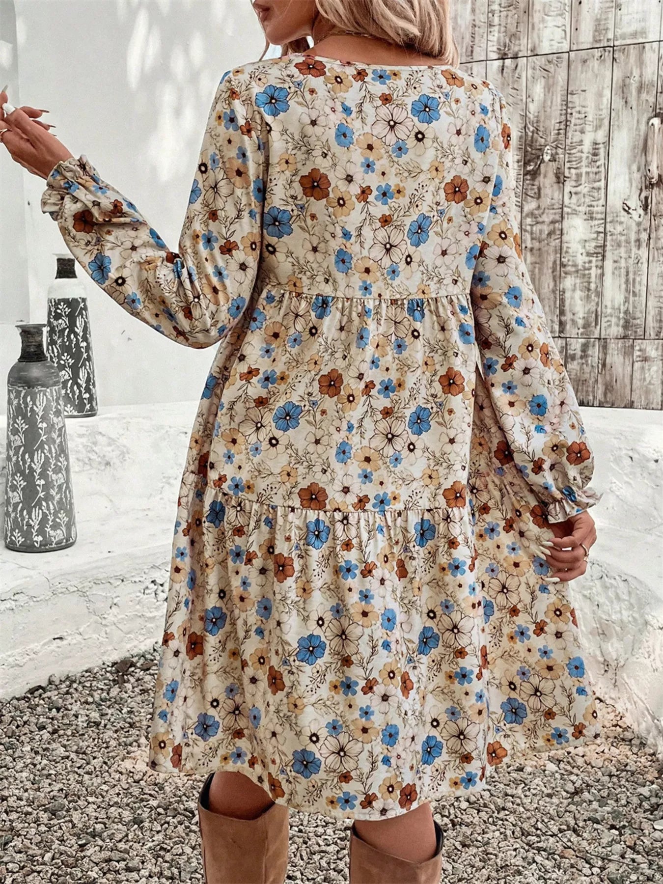 Floral Print Ruffle Hem Long Sleeve Casual Dress