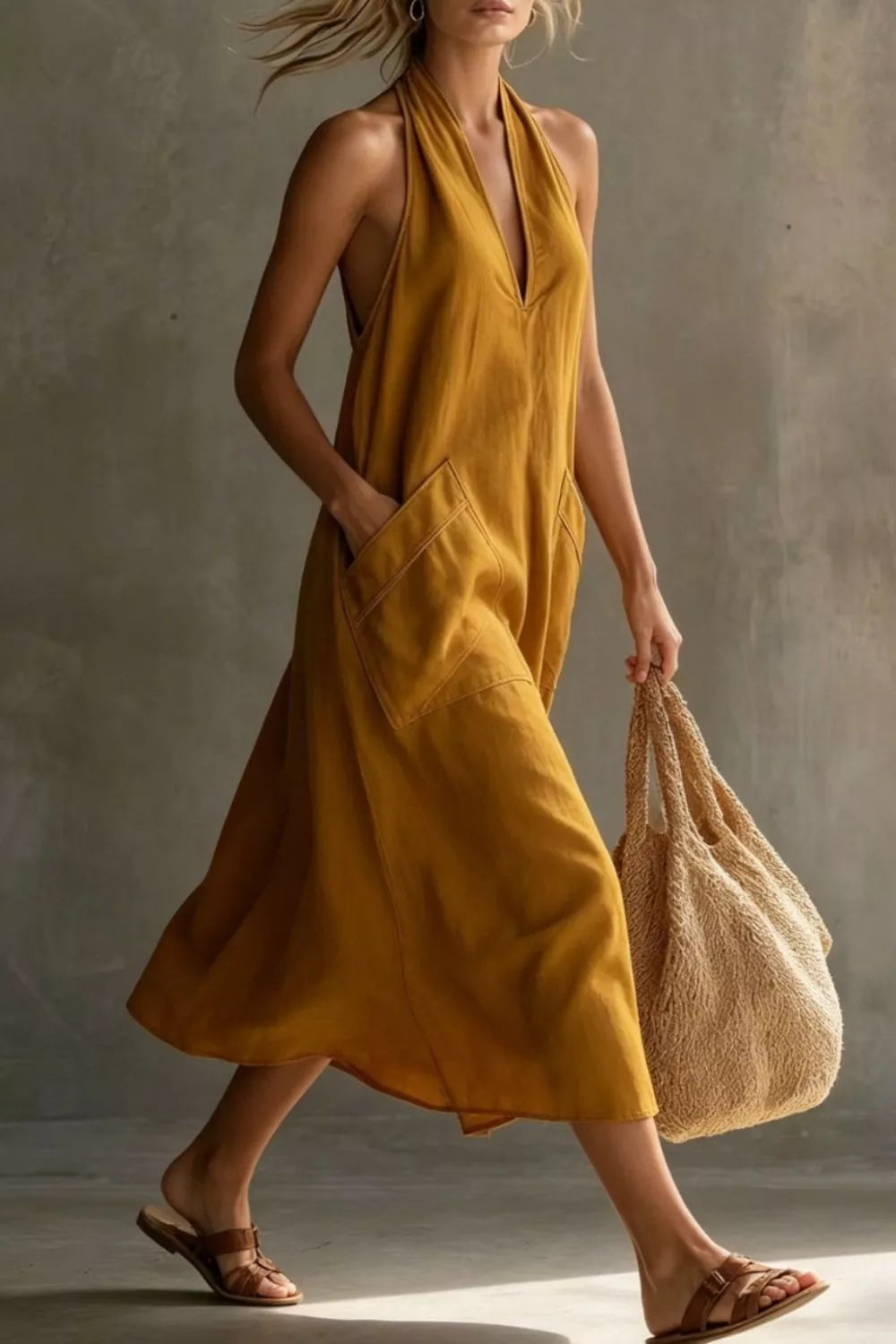 Casual Halter Neck Pocket Midi Dress